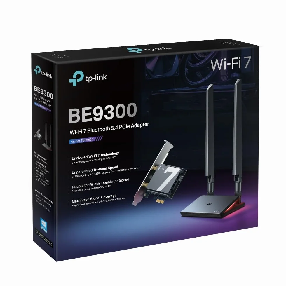 TP-Link Archer TBE550E karta Wi-Fi do PC, Tri-Band BE9300 Wi-Fi 7 Bluetooth 5.4 PCIe, WPA3, wielokolorowa dioda LED, tylko do Windows 11 (64-bitowy)