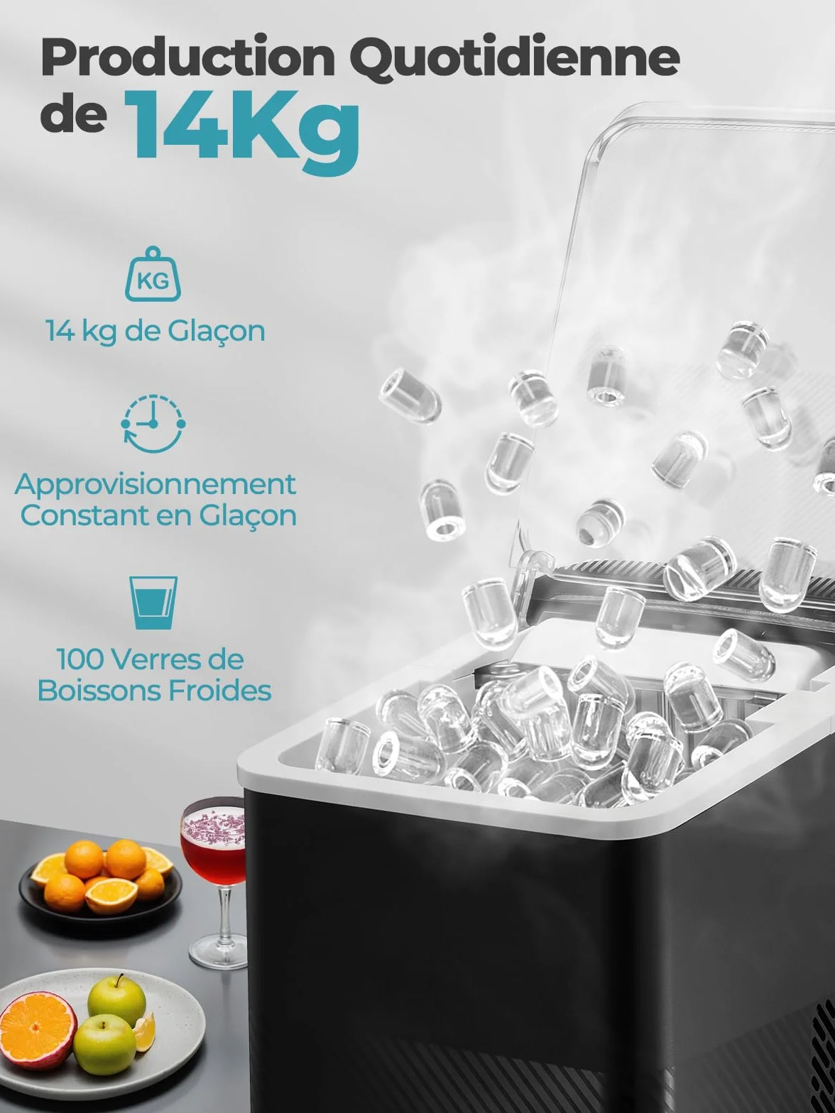 FOHERE Machine à Glaçons Portable 14kg/24h Autonettoyante Silencieuse Noir