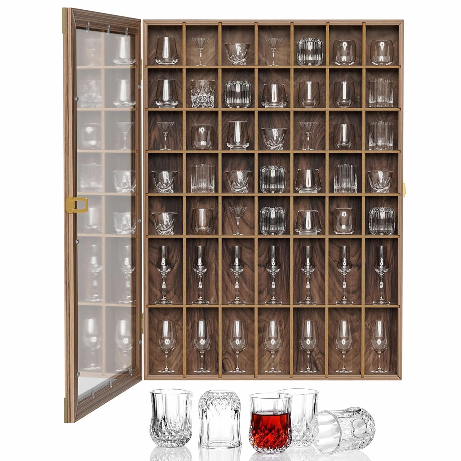 Vitrine pour 49 verres à shot avec étagère amovible - Boîte murale verrouillable avec protection UV - Porte en verre acrylique - Collection en bois