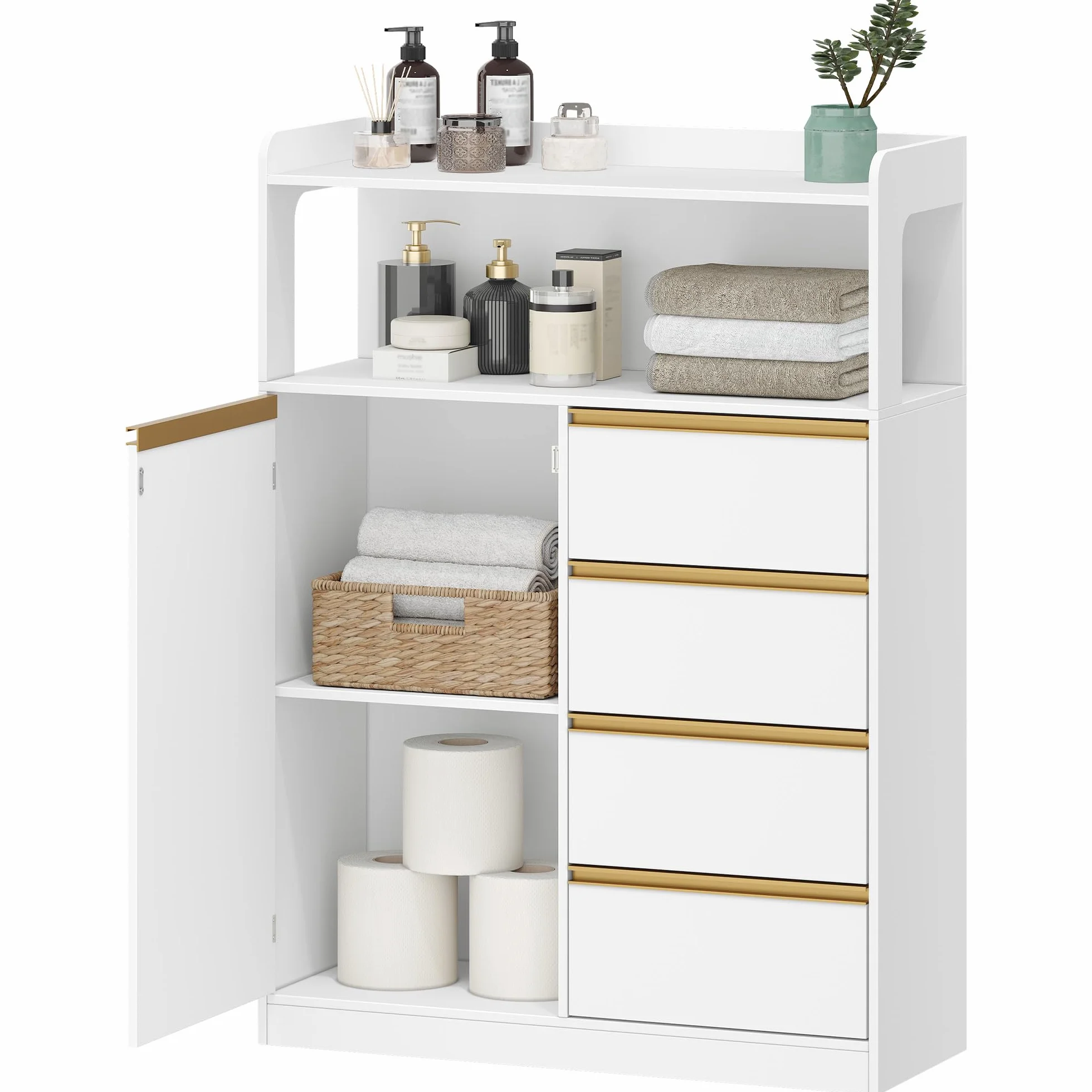 HEXCELEN Meuble Salle de Bain, Meuble Salle de Bain Rangement, Placard de Rangement avec 4 Tiroirs, Armoire Haut Salles de Bains, Étagères Réglables, Salles de Bains, Le Salon, Blanc, 30 x 80 x 110 cm
