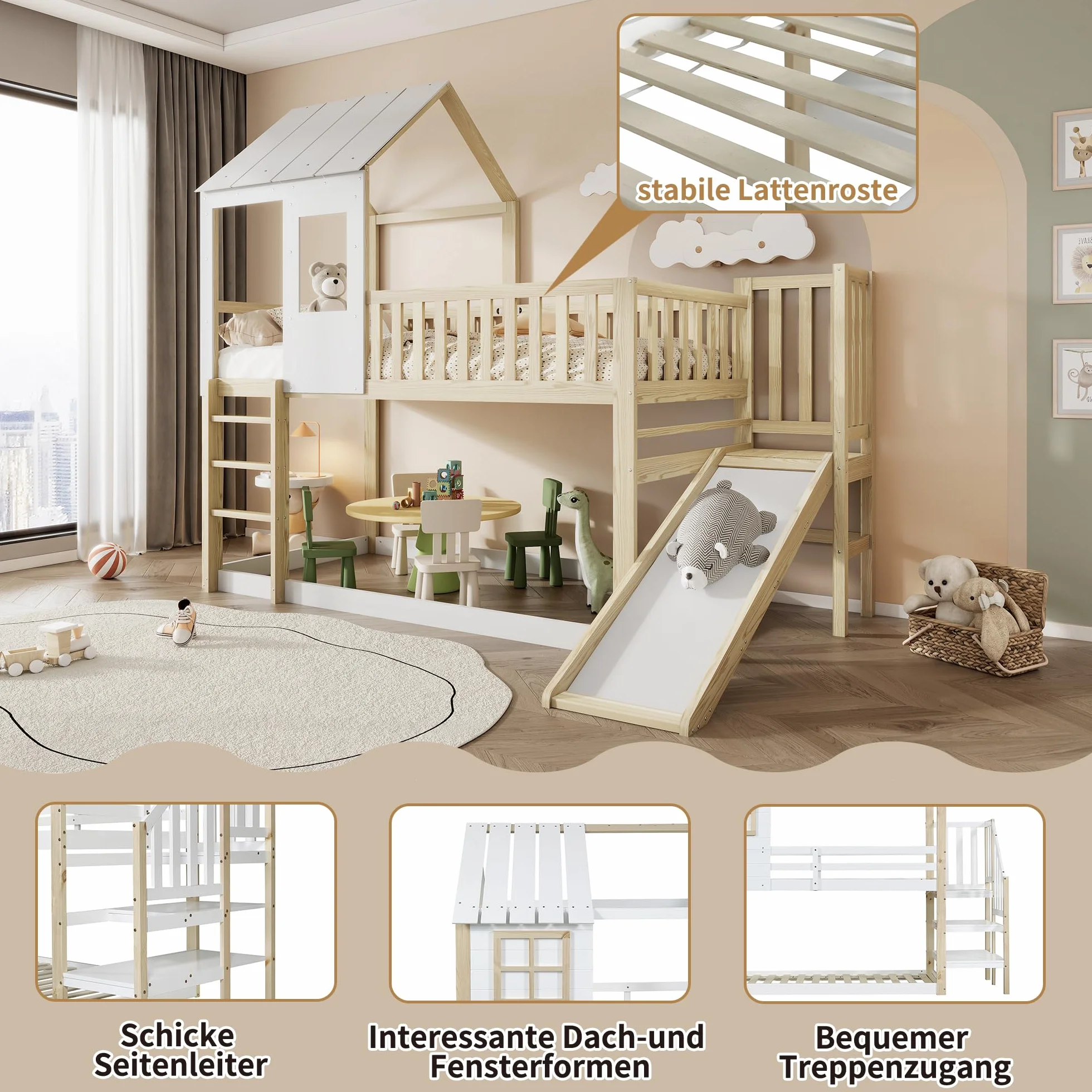 Sapgaks Lit cabane Enfants 90 x 200,lit superposé Enfant antichute,lit Mezzanine 2 Places,avec échelle à Angle Droit et Toboggan, avec Toit et fenêtre,et Grille,Structure en pin,Naturel Blanc