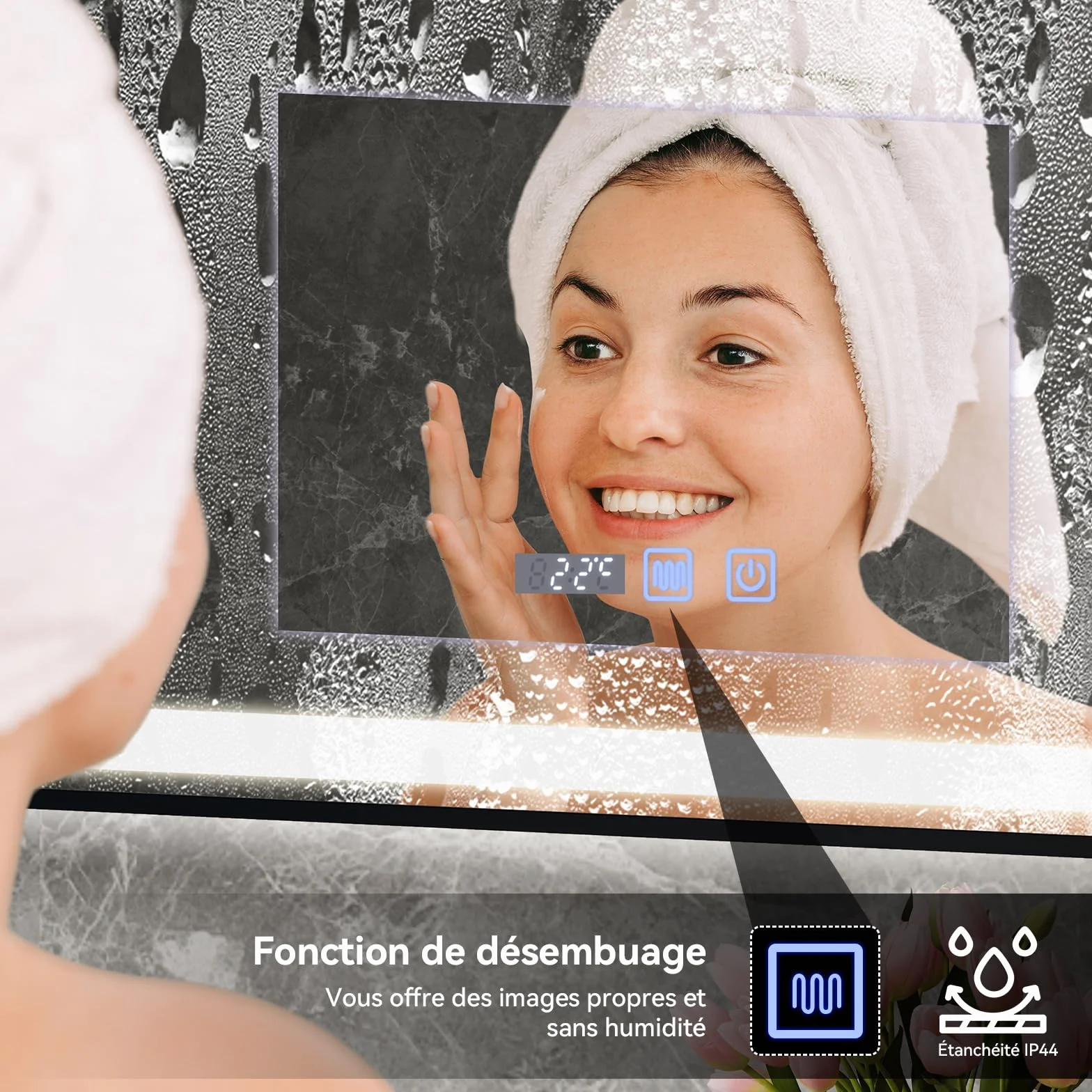 YU YUSING Miroir de Salle de Bain LED 70x50cm, Miroir Lumineux Cosmétique Mural avec 3 Couleurs de Lumière Réglables, Cadre Métallique, Affichage L'heure, Anti-buée, IP44 Étanchéité, Horizontal
