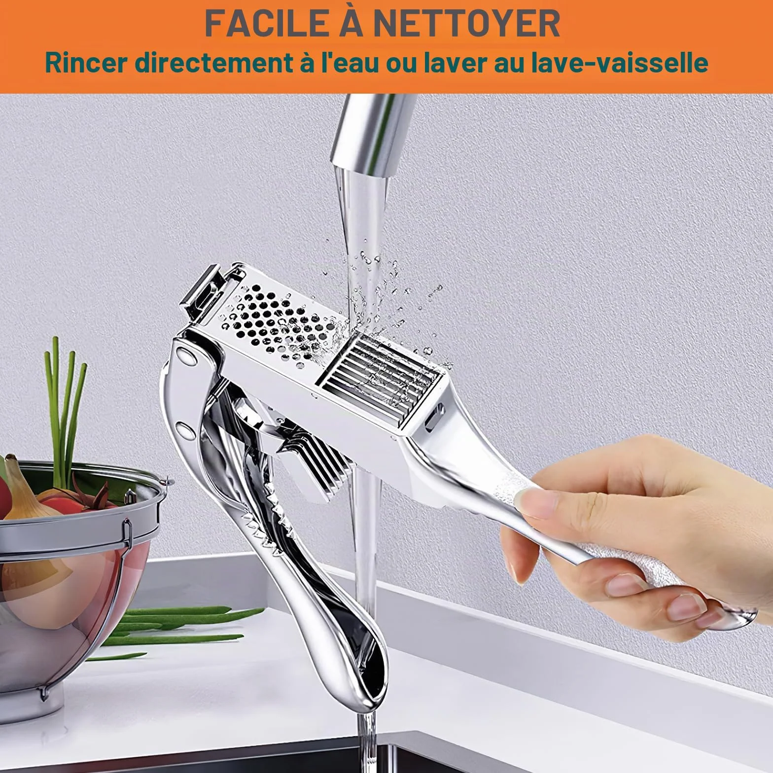 Presse-ail en acier inoxydable 2 en 1 manuel, professionnel pour cuisine, avec poignée ergonomique