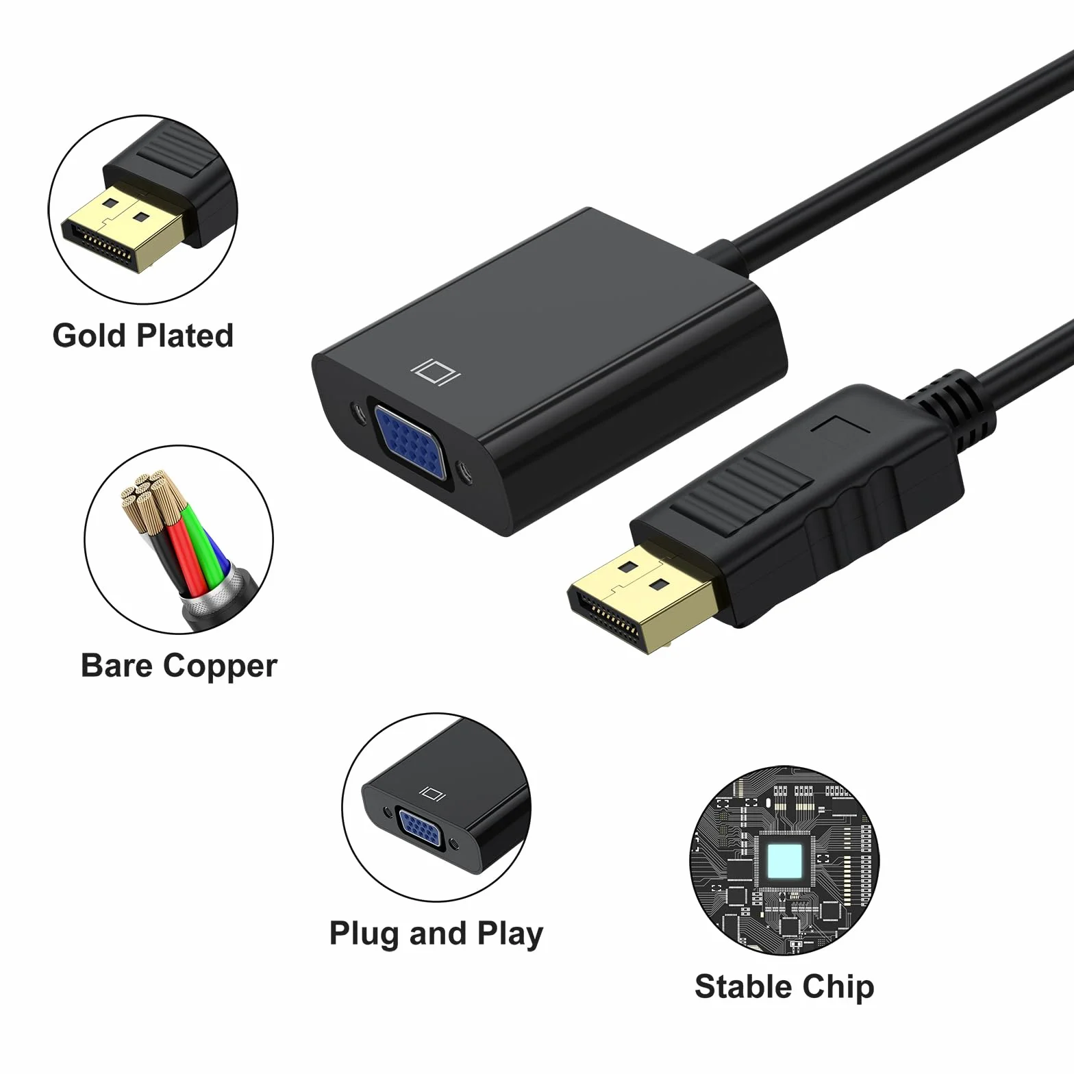 AK Wyświetlacz na adapter VGA (wtyczka na gniazdo), jednokierunkowy DP na VGA konwerter do komputera