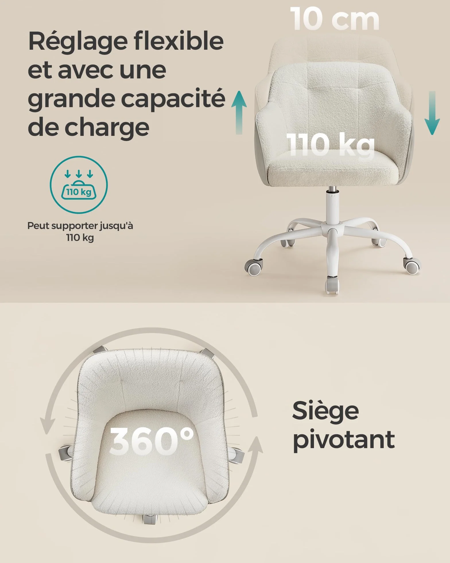 SONGMICS Chaise de Bureau Ergonomique Pivotante Réglable en Hauteur 110 kg Acier Tissu Peluche Respirant PU Beige Cappuccino