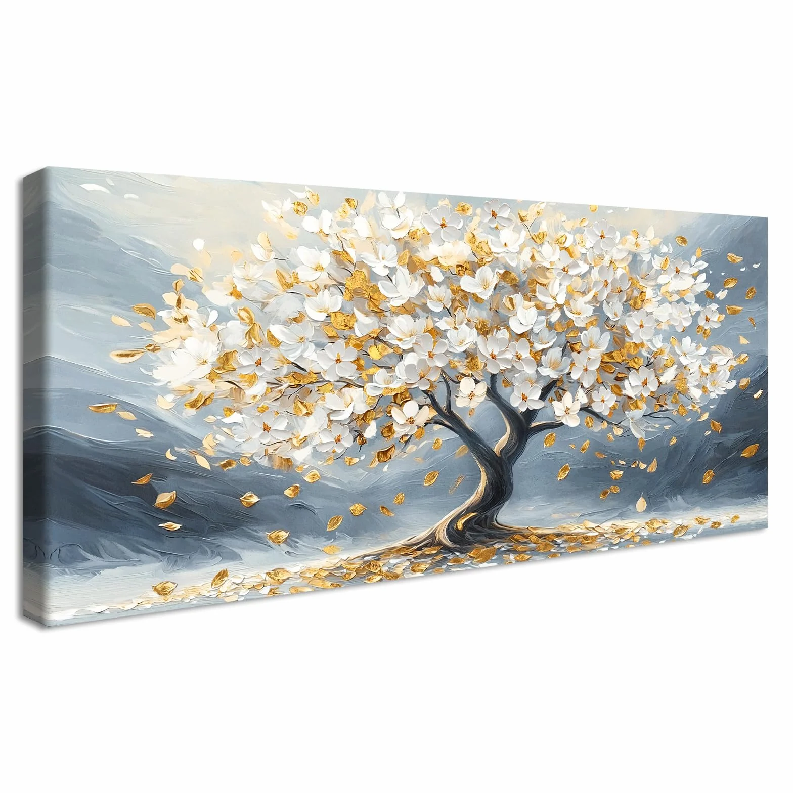 Cadre en Bois Impression sur Toile Arbre De Vie Fleurs Blanche Tableau Peinture Poster Mural Moderne Gris Or Image sur Toile Grandes Tableau Decoration Murale Salon Chambre Restaurant 50x120cm