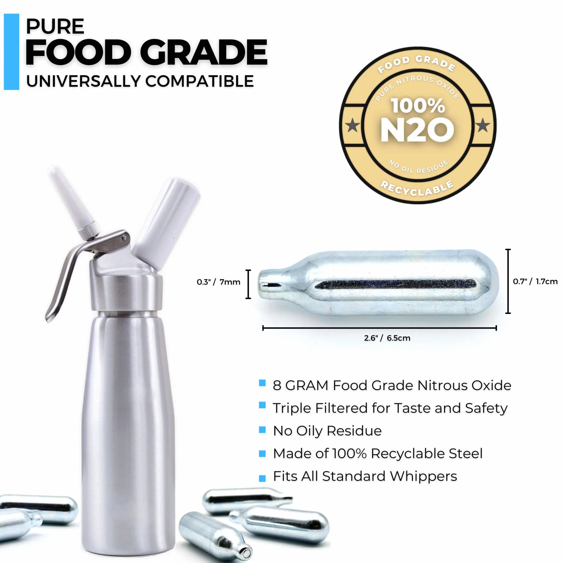 Lot de 10 Cartouche Siphon Chantilly 8g N2O Gaz Protoxyde d'Azote Alimentaire pour Mousses et Crèmes