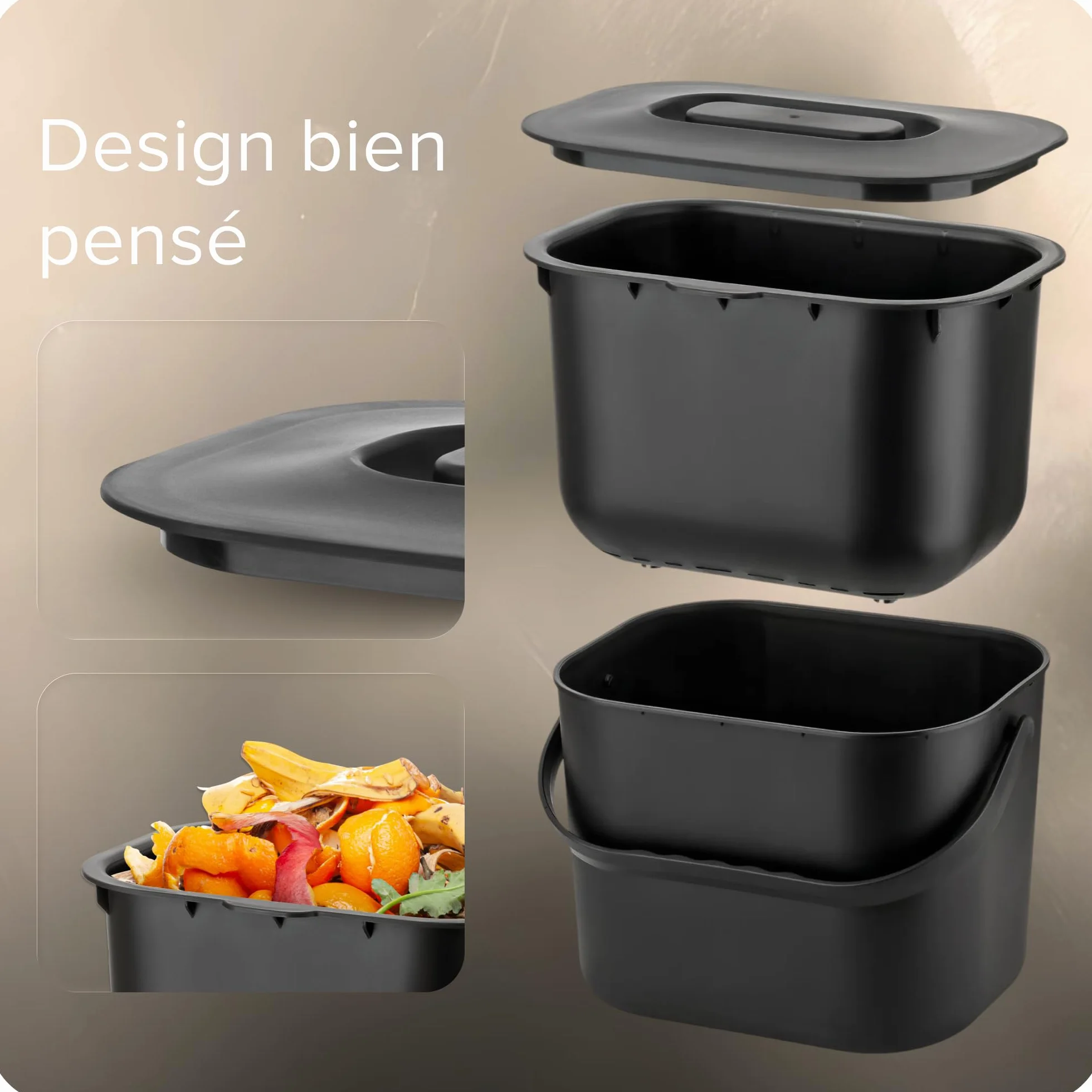 Seau à Déchets Alimentaires 7L Inodore avec Couvercle Passe au Lave-Vaisselle - Poubelle de Cuisine pour Compost Noir