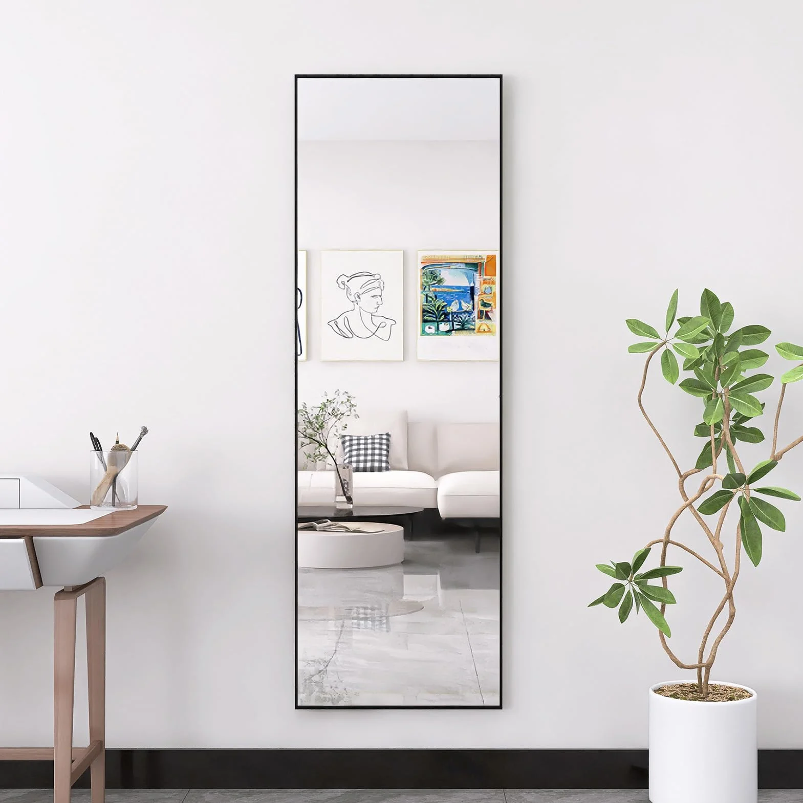 PerGar Grand Miroir Mural Moderne sur Pied, à Poser ou à Suspendre, avec Cadre en Aluminium, pour Salon et Chambre à Coucher, Noir, 165 x 60 cm