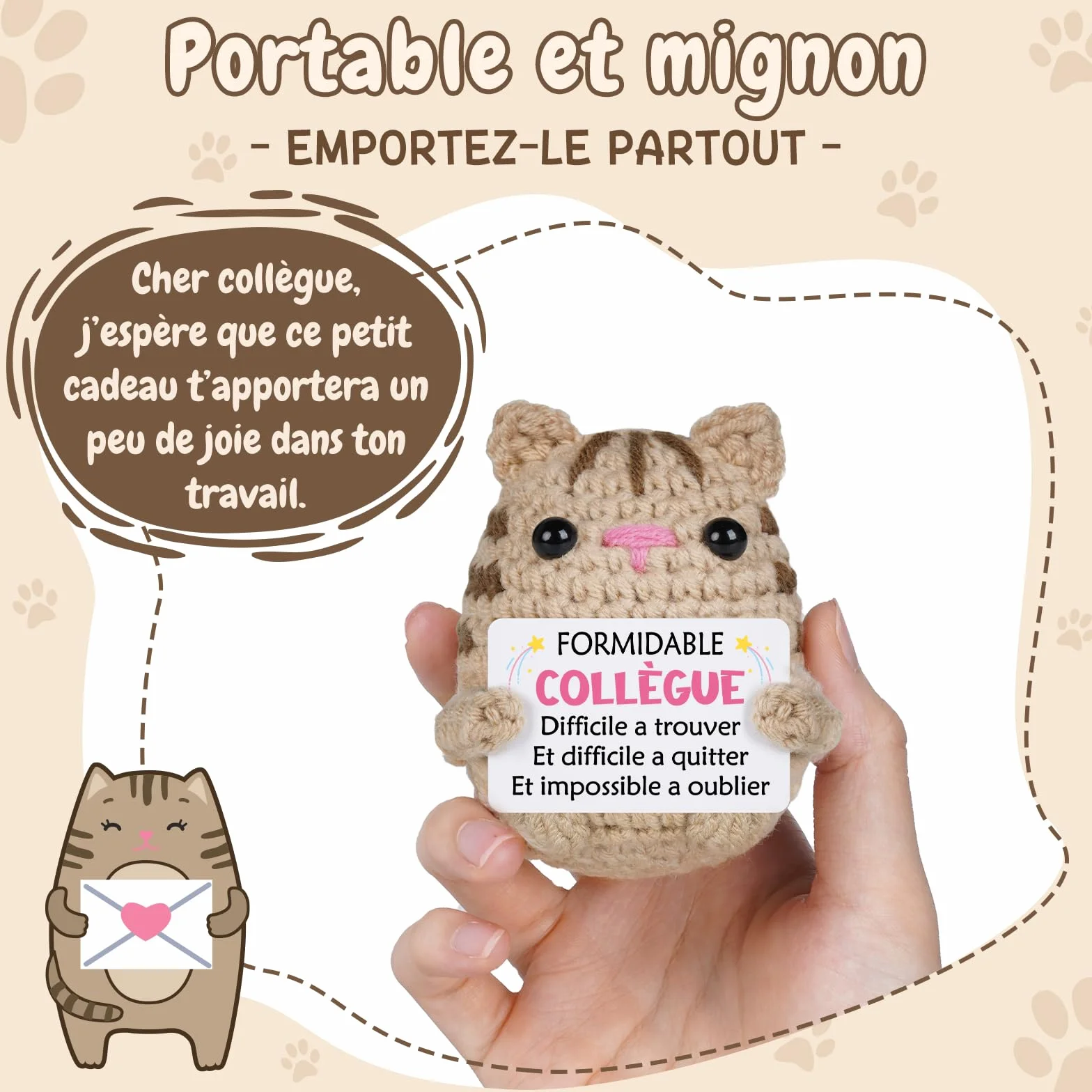 Peluche chat crochetée à la main avec carte de vœux, Cadeau Départ Collègue Femme, Décoration Bureau Maison