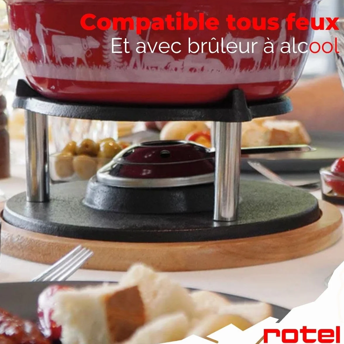 Rotel 1510150 Service à fondue au fromage, fondue traditionnelle Suisse, 2L, 6 personnes, set à fondue, Fonte d'aluminium, Bois, Plastique, Emaille, 21 x 31 x 17,2 cm, diamètre 21 cm