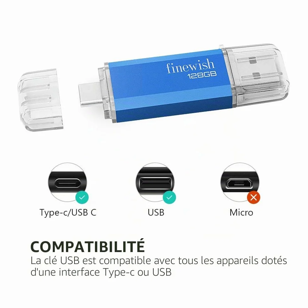 CLé USB 128 Go 2 en 1 USB C Pendrive Portable Type C Memory Stick pour Huawei Xiaomi Oneplus OTG Android (Bleu)