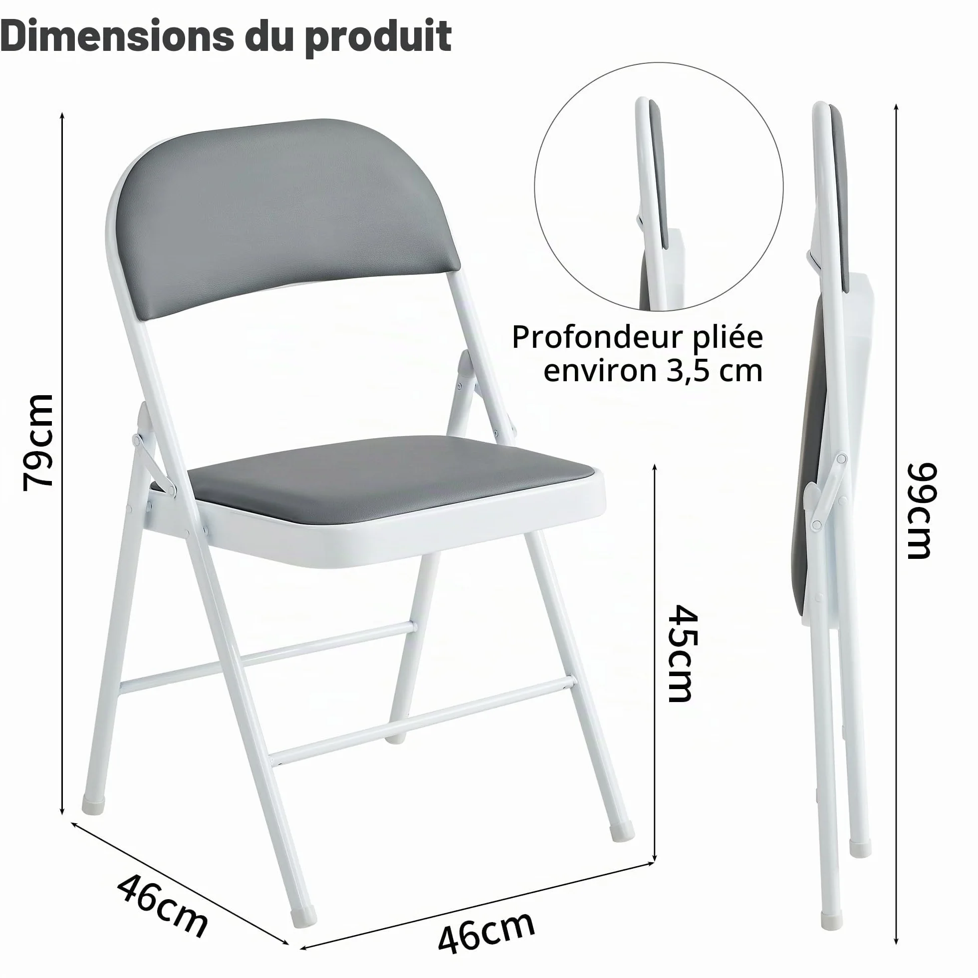 McC Direct Lot de 4 chaises pliantes en similicuir cadre métal siège rembourré facile rangement adaptées maison, bureau, salle à manger, réception (gris)