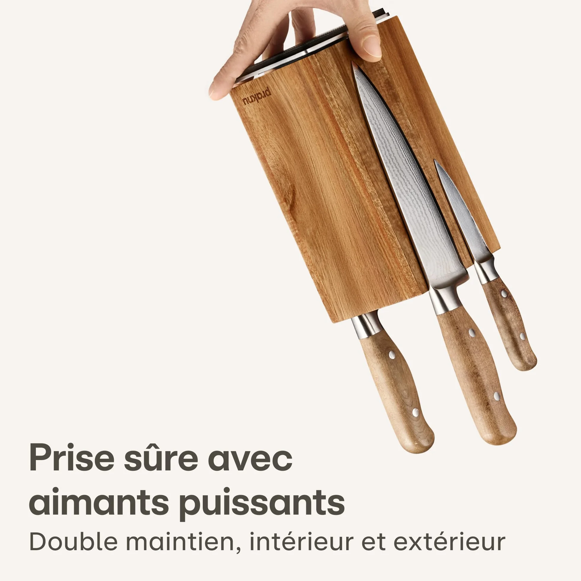 Praknu Bloc Couteaux Magnétique - 360° Rotatif Sans Couteaux FSC® Bois d'Acacia avec Espace pour Ustensiles de Cuisine - Aimant Puissant des Deux Côtés - Antidérapant