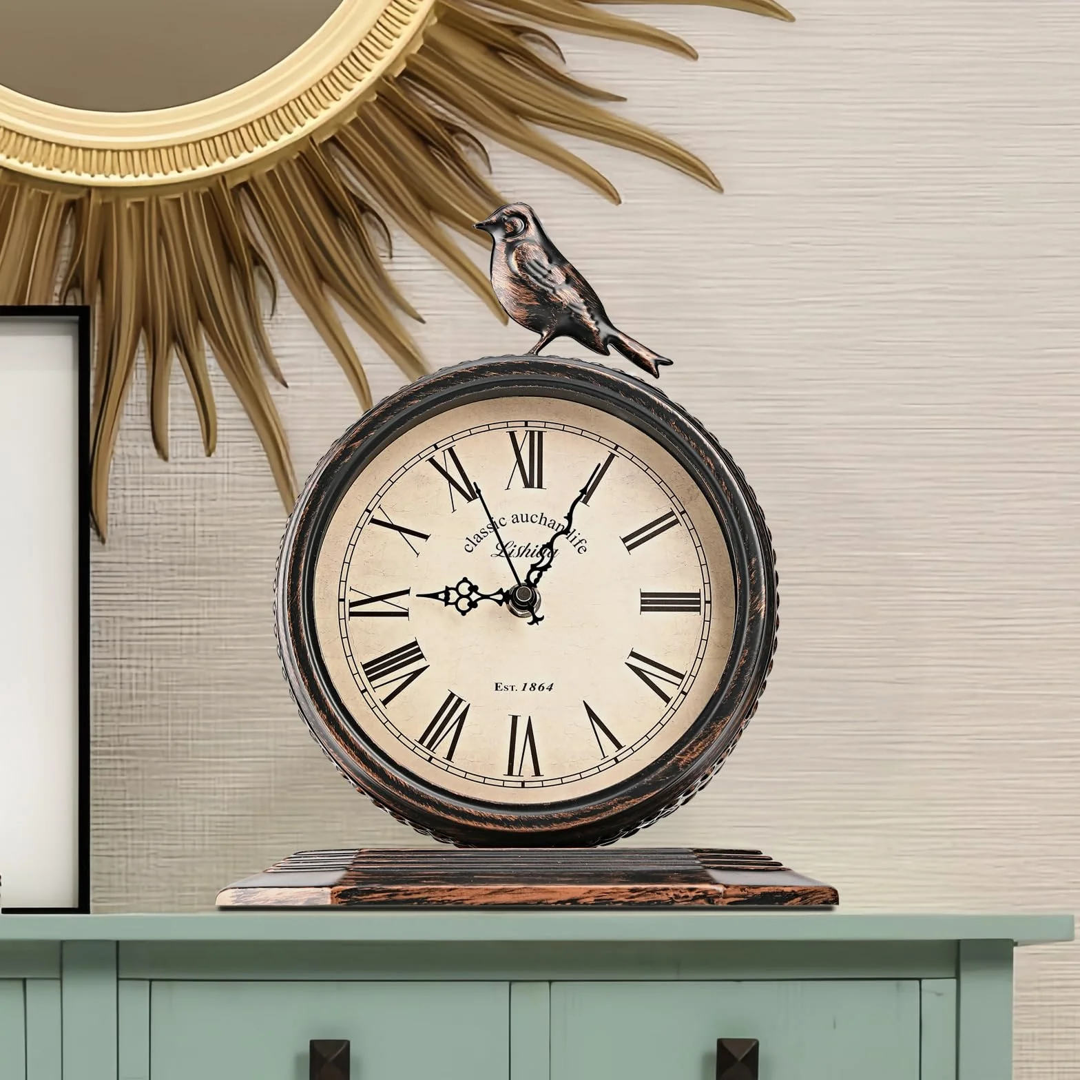 Horloge de Cheminée Antique 20,3 cm Métal Silencieuse Décorative avec Oiseau