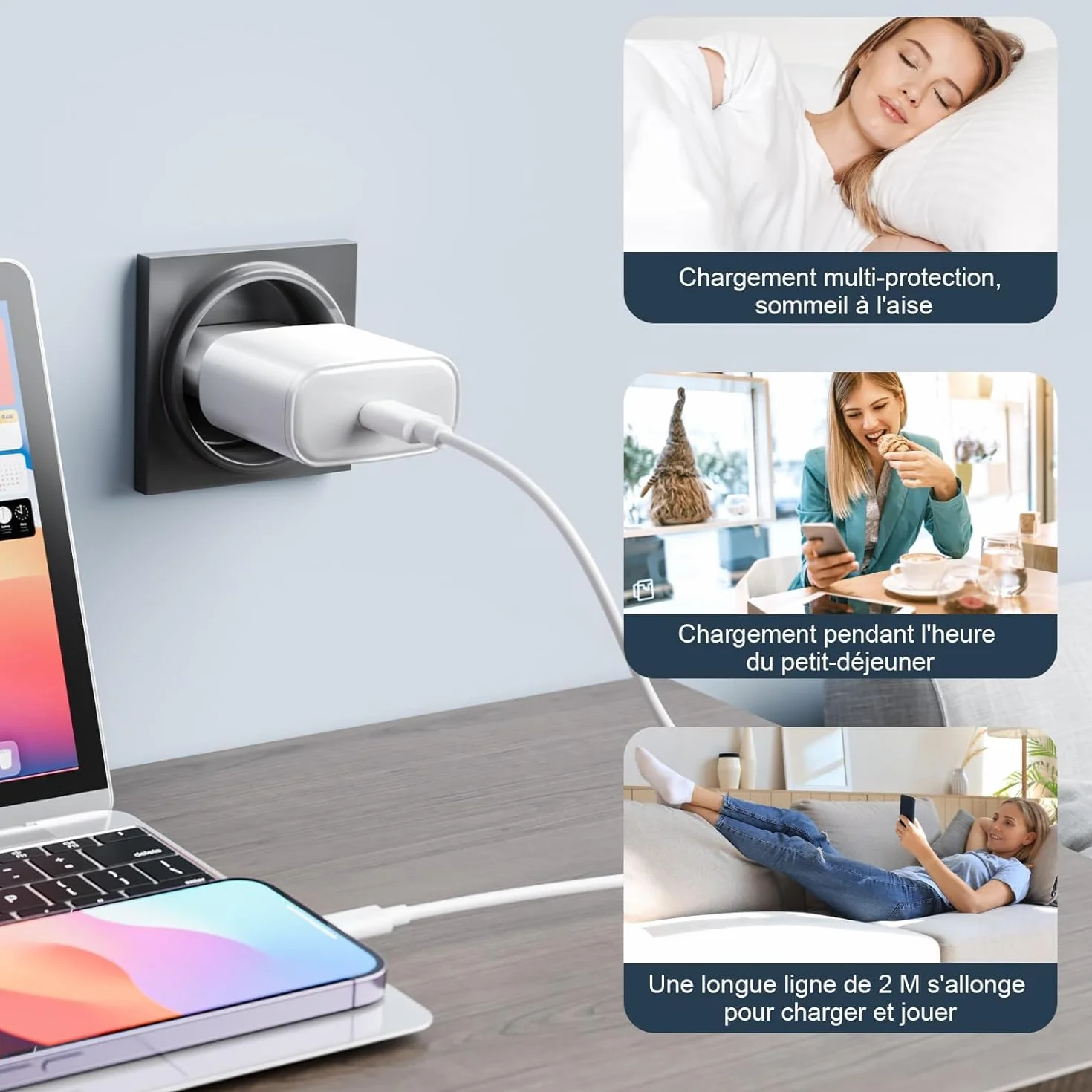 Chargeur Rapide 20W USB C pour iPhone 17 16 15, 2Pack avec Câble Type C 2M