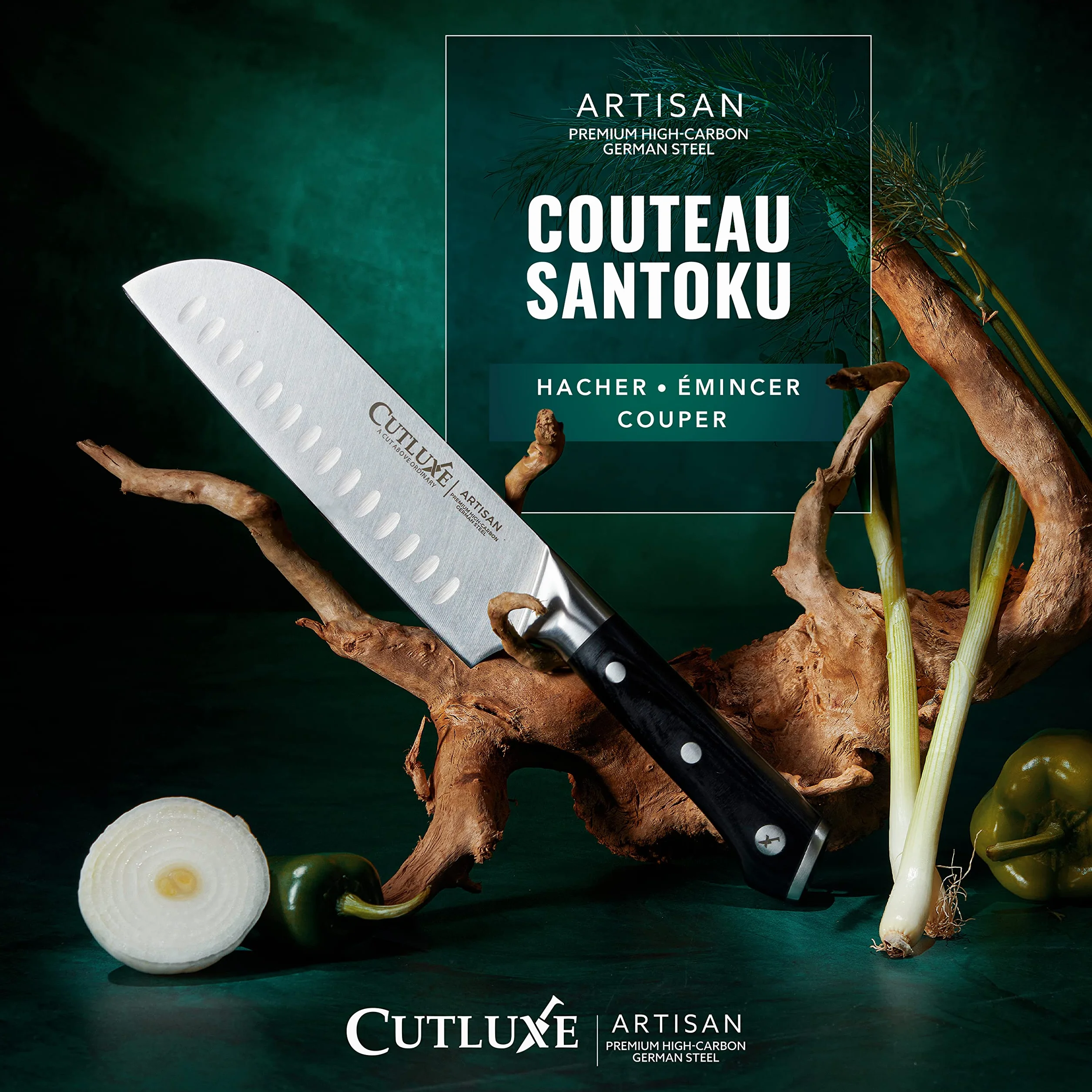 Cutluxe Couteau Japonais - 18 cm Couteau Professionnel Santoku Avec Fourreau - Lame Professionnelle en Acier Allemand à Forte Teneur en Carbone - Couteaux de Découpe pour la Cuisine - Série Artisan