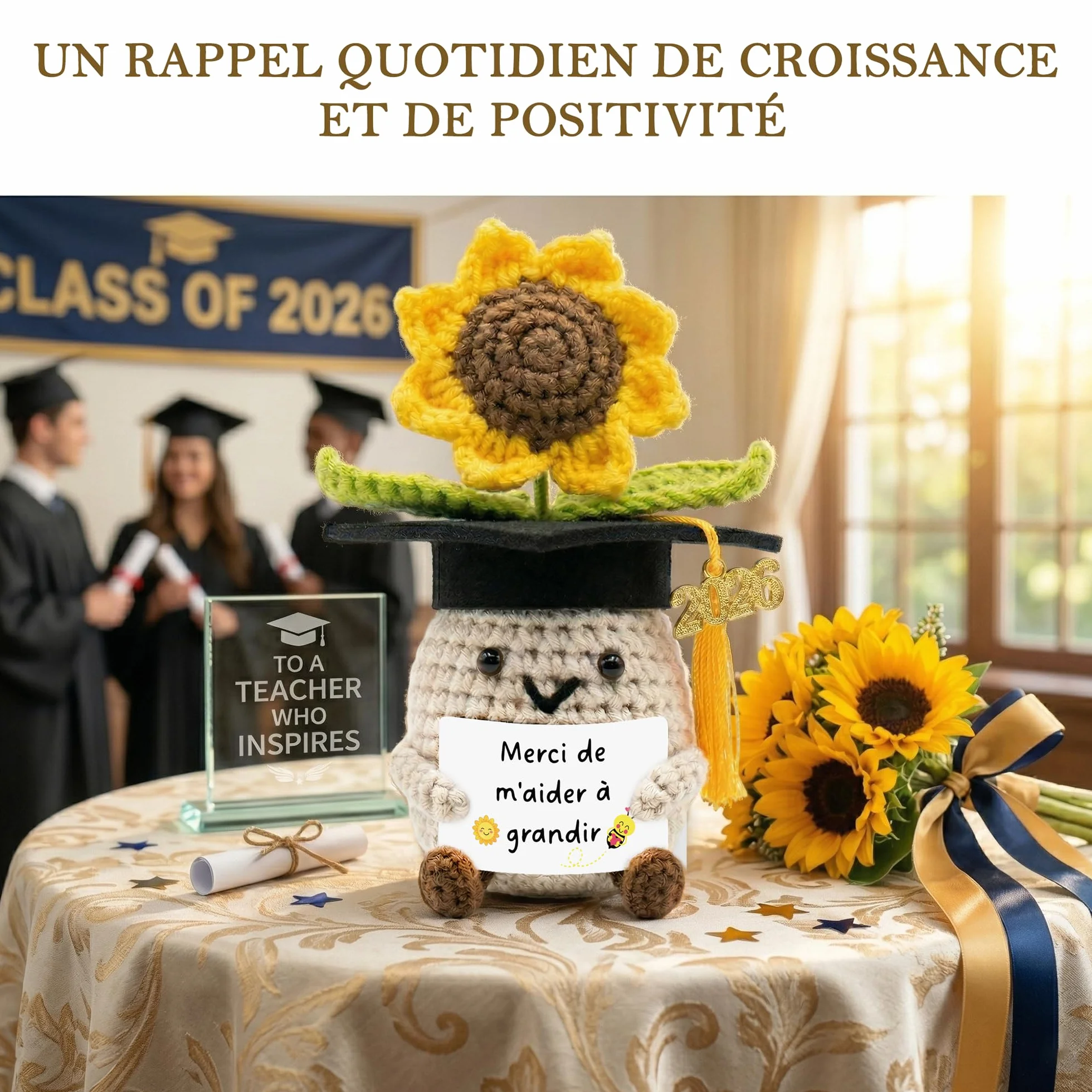 Cadeau Maîtresse d'École Fin d'Année - Tournesol au Crochet Fait Main - Idée Cadeau pour Retraite, Noël