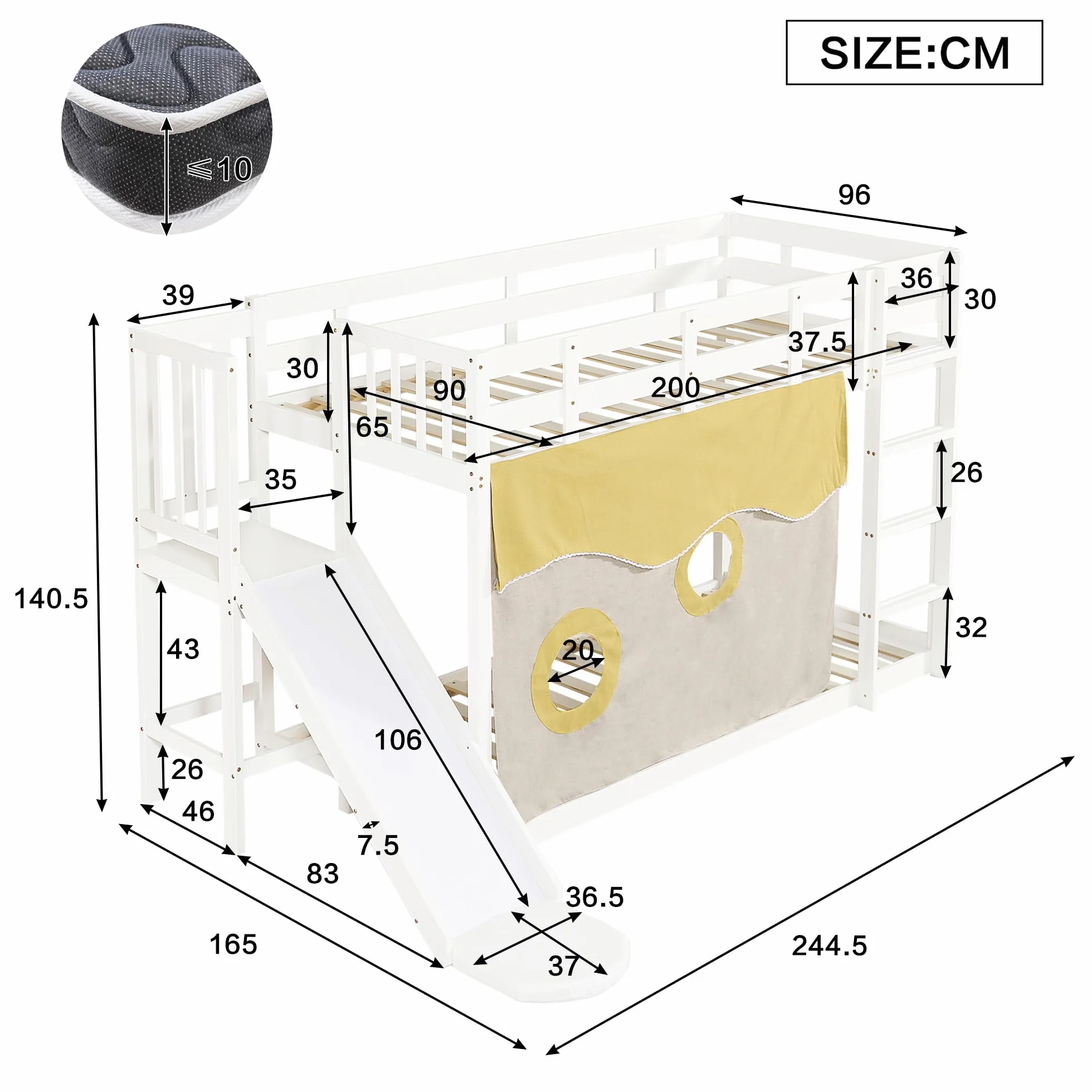 Lit superposé pour Enfants avec Toboggan, lit en Bois avec escalier et clôtures, lit pour Enfant avec Rideau de lit, Protection Anti-Chute, Bois Massif (sans Matelas) (Blanc-02W, 90x200cm)