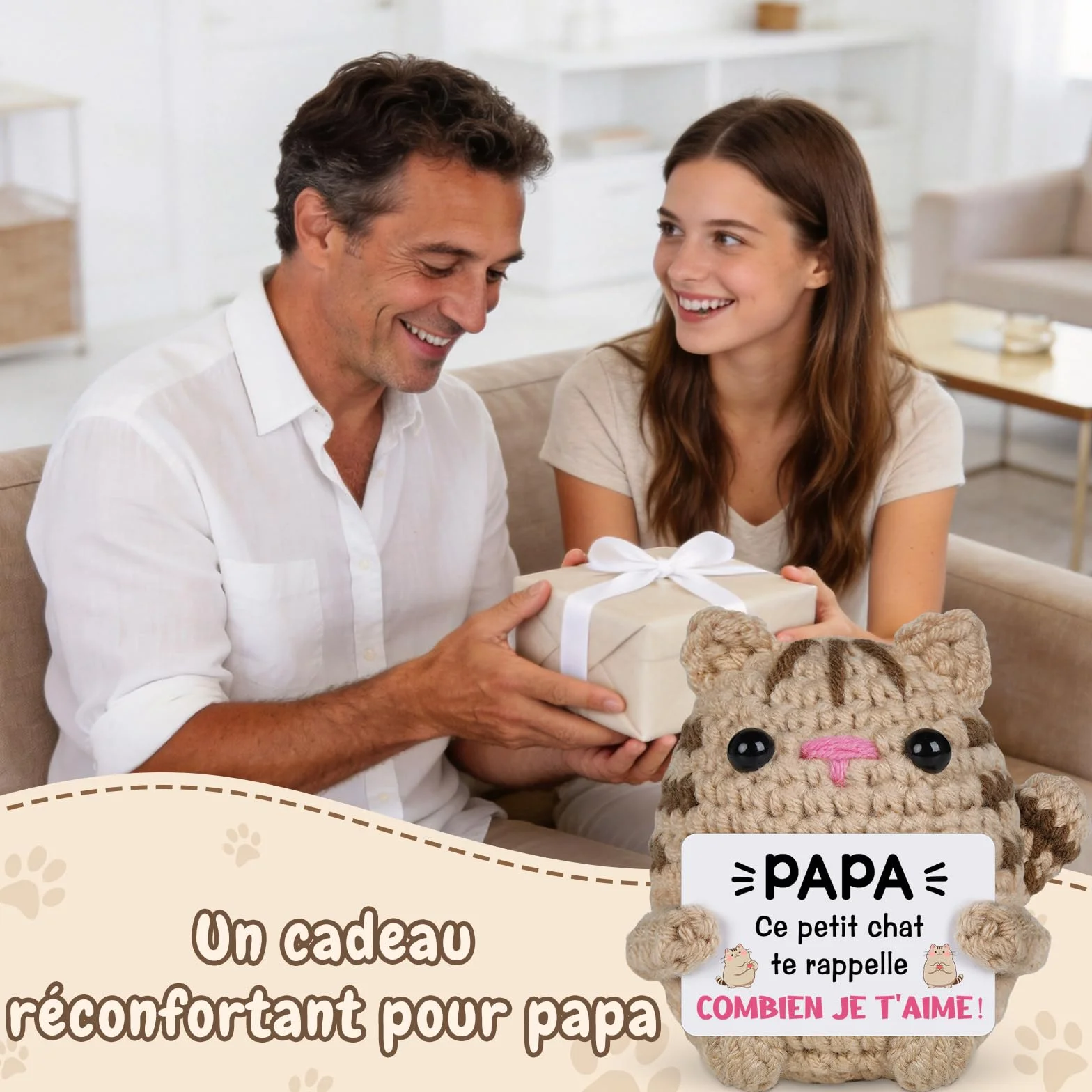 Chat au Crochet Cadeau Fete des Peres Papa 7x7x7.5cm