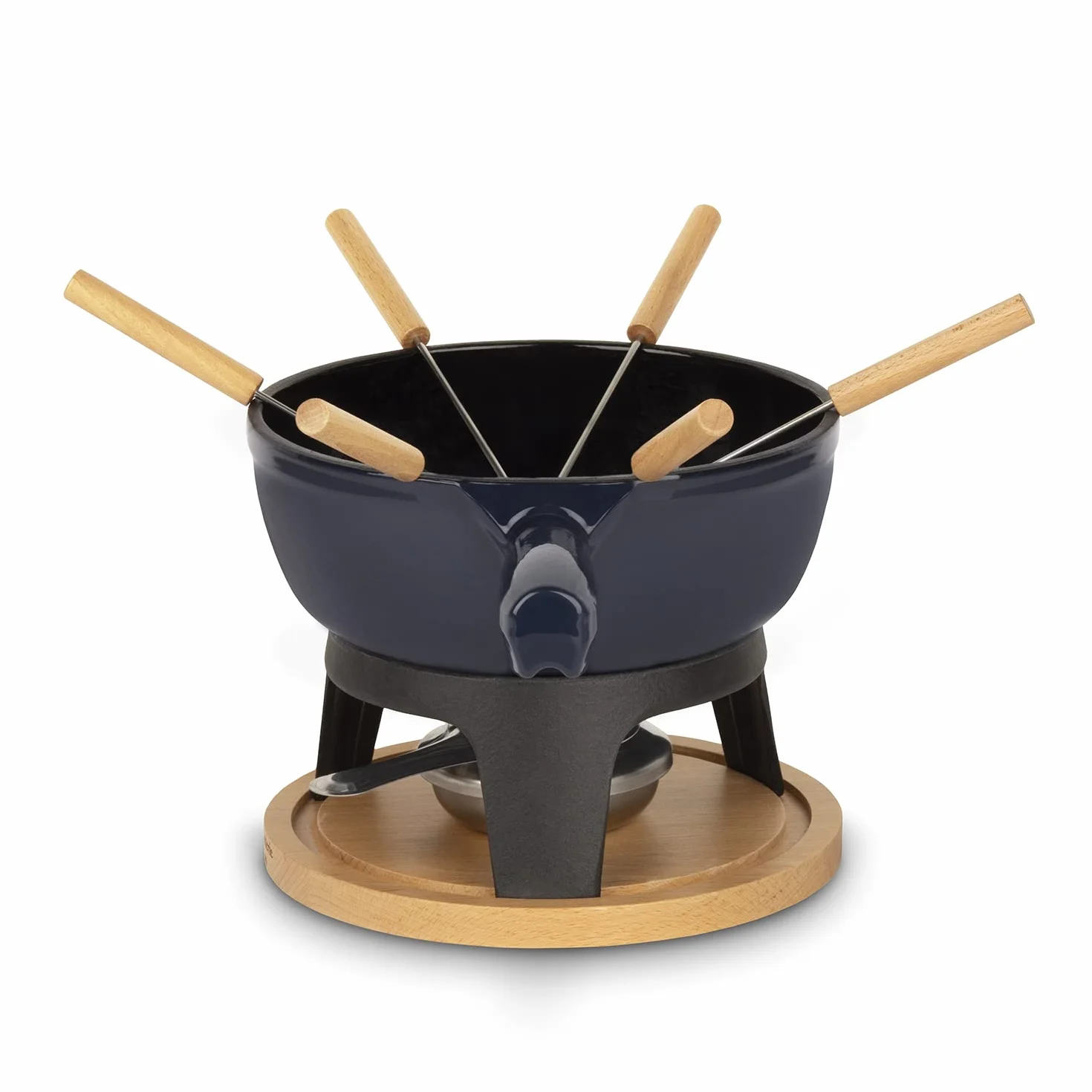 Service à Fondue Savoyarde en Fonte 6 Personnes MONT JOUX, Fondues fromage et chocolat, 6 Fourchettes avec manches en bois de hêtre, Socle en bois naturel, Capacité 1,8L