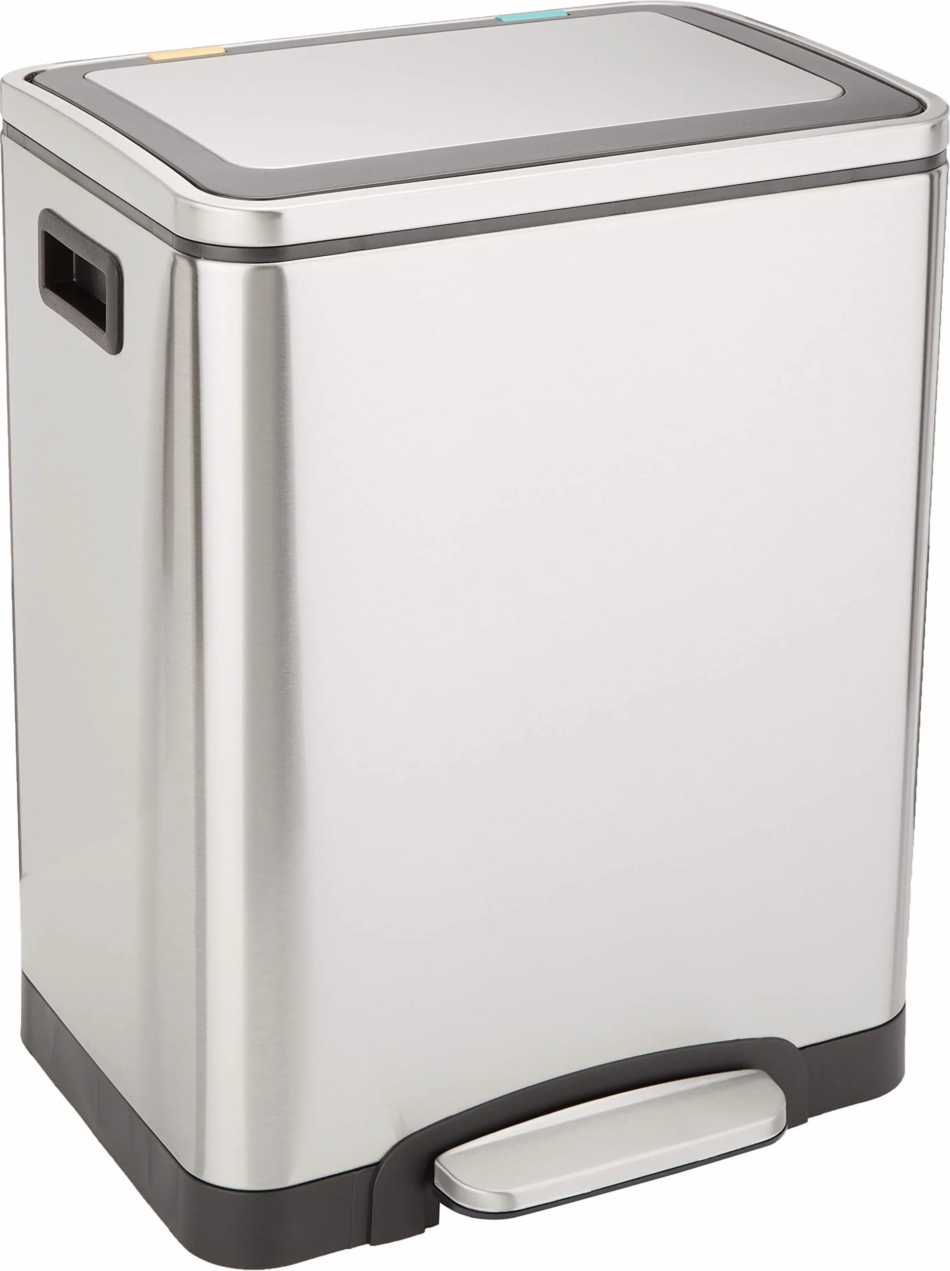 Amazon Basics Poubelle 30 L acier inoxydable avec deux compartiments et pédale, fermeture amortie, rectangulaire satinée