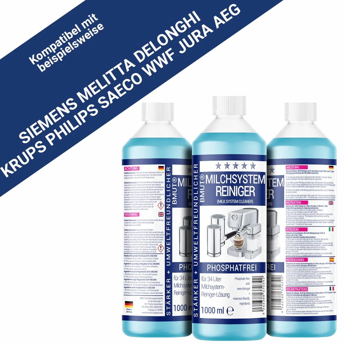 Lot de 12 nettoyants pour système de lait 1000 ml (34 applications) pour machine à café - Mousseur à lait - Nettoyant universel liquide pour toutes les marques