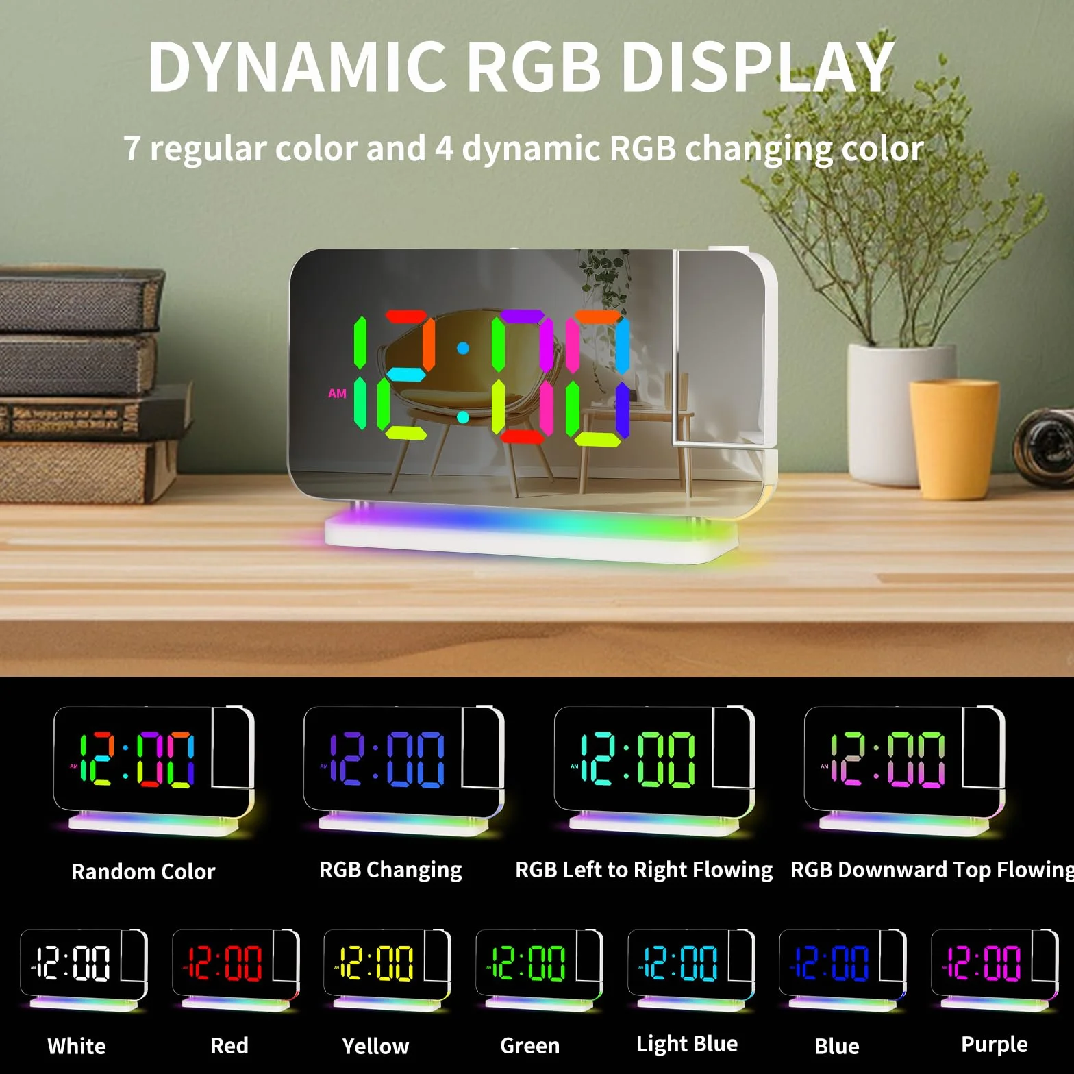 Horloge Projection Numérique LED RGB Réveil Lumière d'Ambiance 7 Couleurs avec Adaptateur