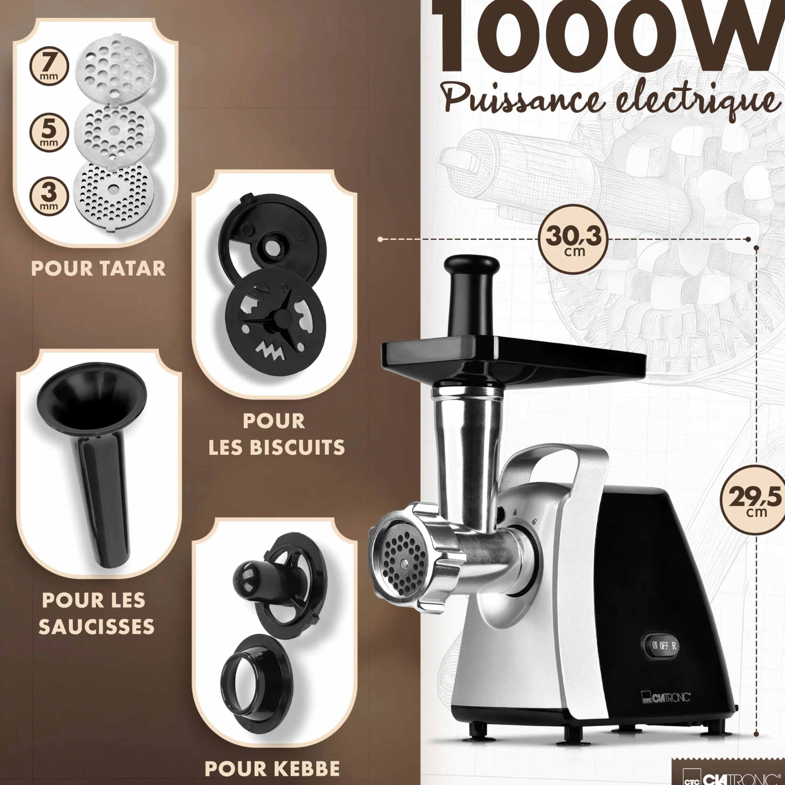 Clatronic® Hachoir à viande 1000 W | avec embout pour biscuits/pâtisseries | Hachoir à viande électrique | 3 disques perforés en métal | marche avant et arrière | avec remplissage à saucisses | cou