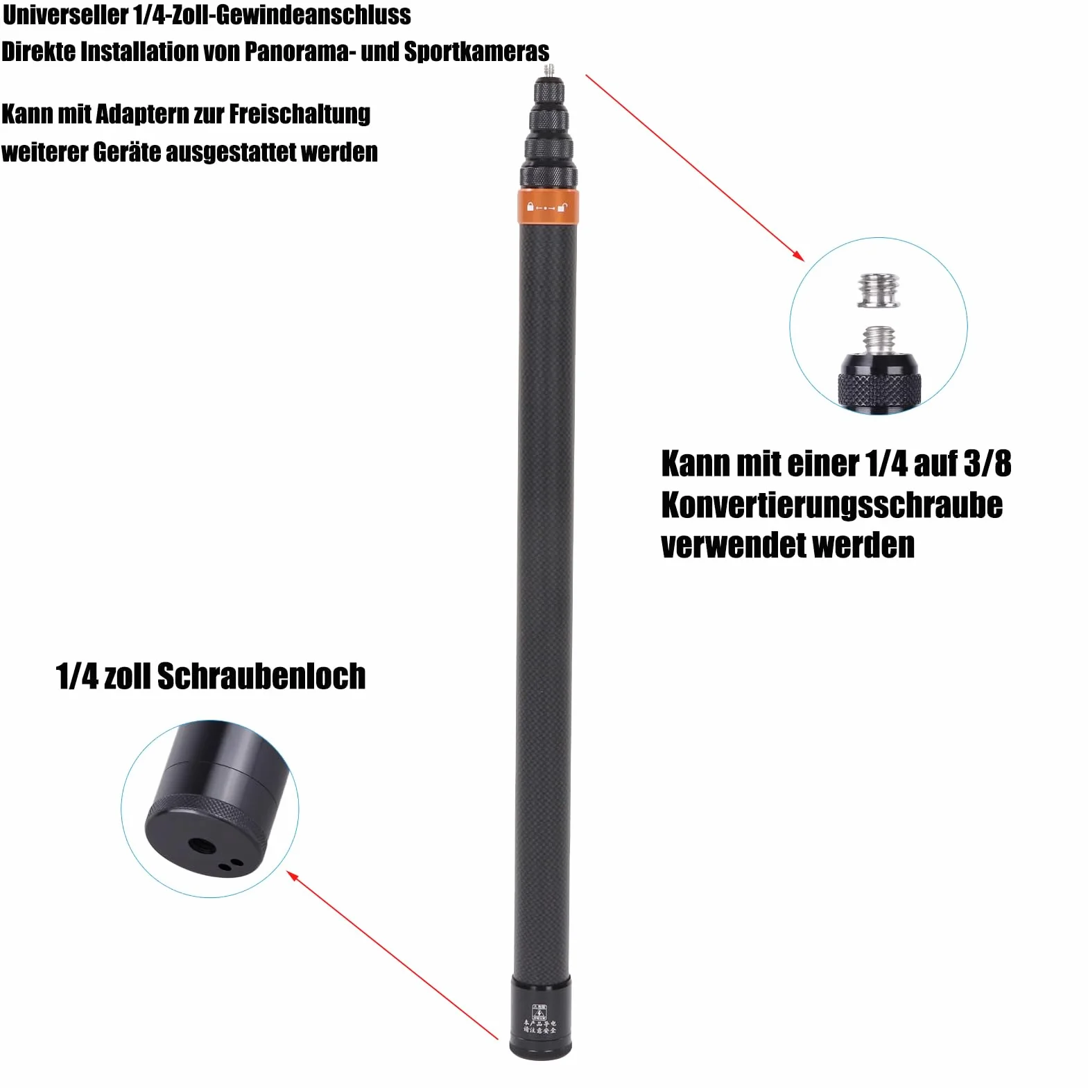 Kamera Ruchowa Selfie Stick Przykręcana Kamera Sportowa Kijek do Selfie z Włókna Węglowego Panoramiczna Akcji Kij Teleskopowy Nadaje się do Insta 360x3, One Rs, Go 2,