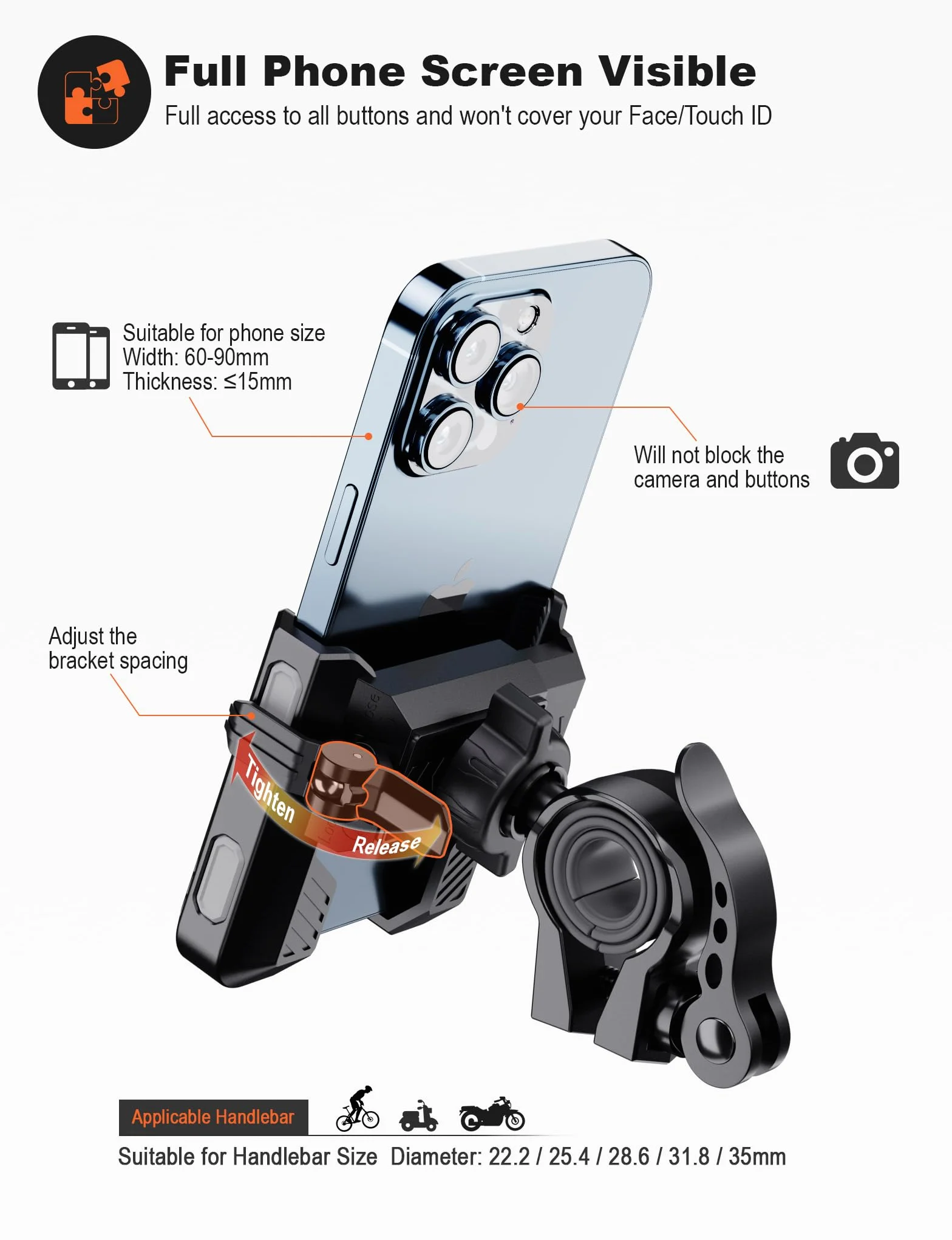 Grefay Uchwyt na Telefon Rowerowy (Szybki Demontaż 1S) Uchwyt Telefon Motocyklowy z Obrotem 360 na Zewnątrz Uchwyt na Telefon na Kierownicę do Scooter do Smartfona 4.5-7.0