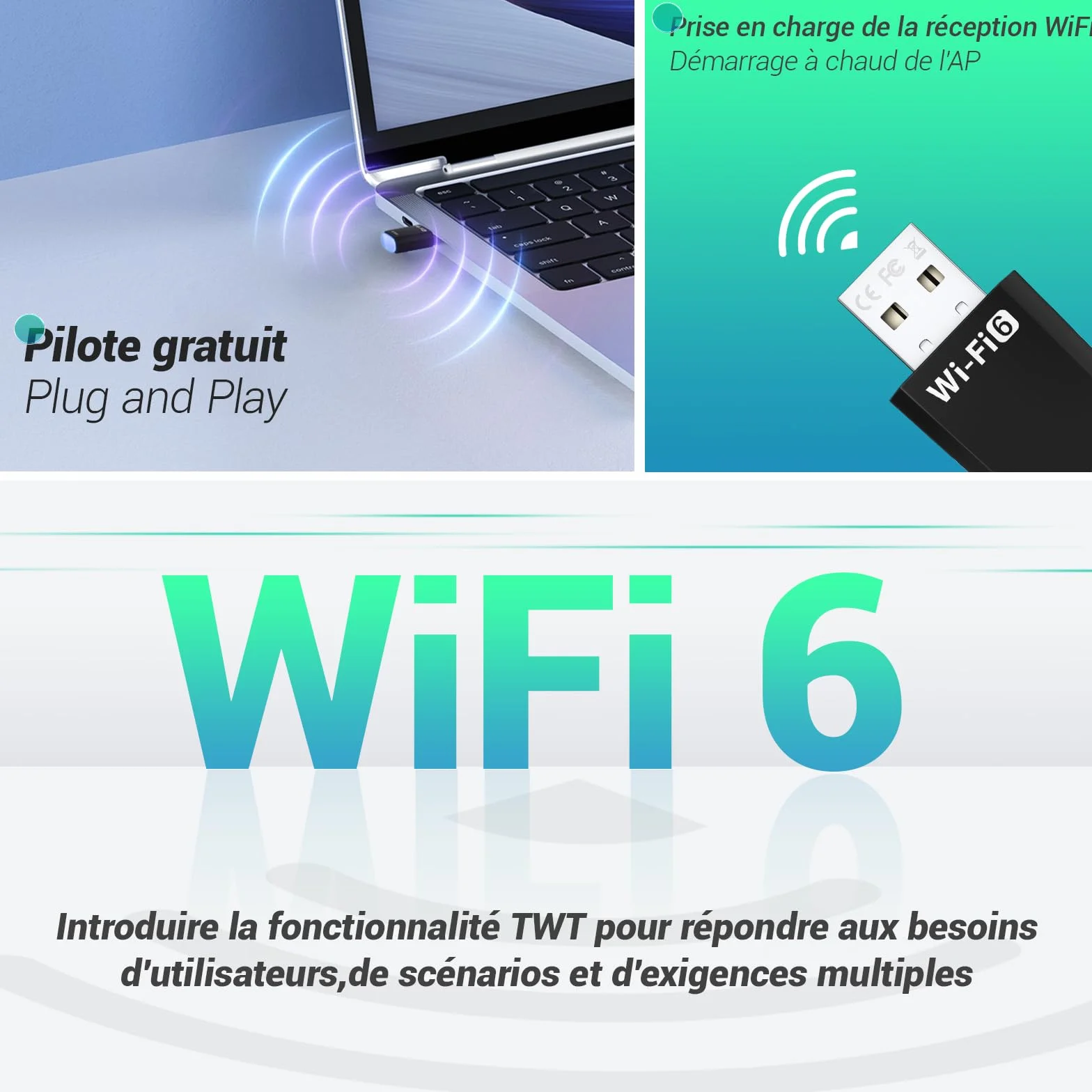 Clé WiFi 6 AX900 Mbps Double Bande 2.4GHz/5GHz Adaptateur USB WiFi pour PC