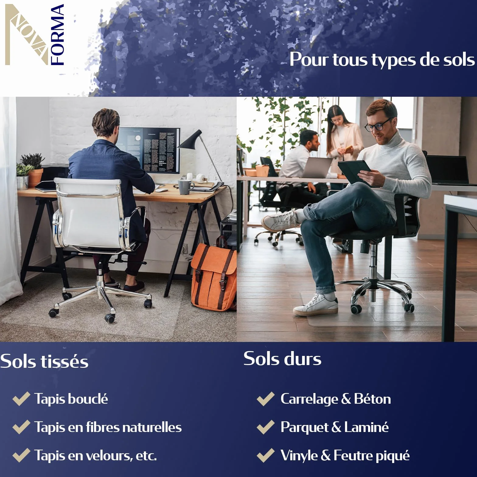 NOVA FORMA Tapis de Protection de Sol en Pet recyclé pour sols durs – Tapis antidérapant sous Chaise de Bureau – Protège Sol Contre Les Rayures & Les salissures – 116 x 150 cm, Transparent