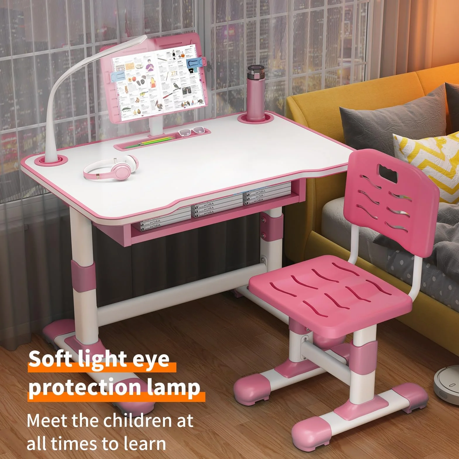 Ensemble bureau et chaise réglable hauteur, support lecture inclinable, tiroir extra large, lampe LED pour enfants 3-18 ans, école, maison, bleu
