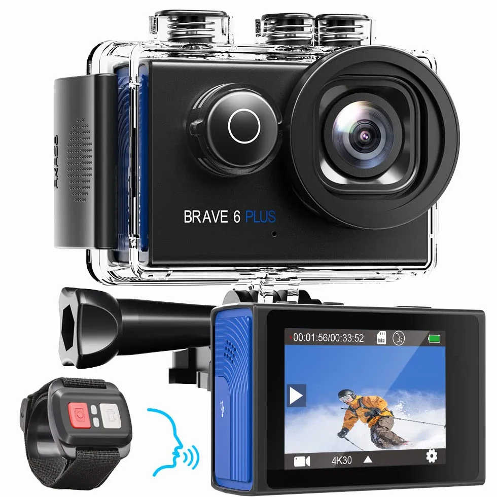 AKASO Action Cam 4K30FPS 20MP WiFi kamera sportowa z ekranem dotykowym EIS 4X Zoom pilot zdalnego sterowania 40 m kamera podwodna z 2 bateriami 1350 mAh i zestawem akcesoriów do kasku