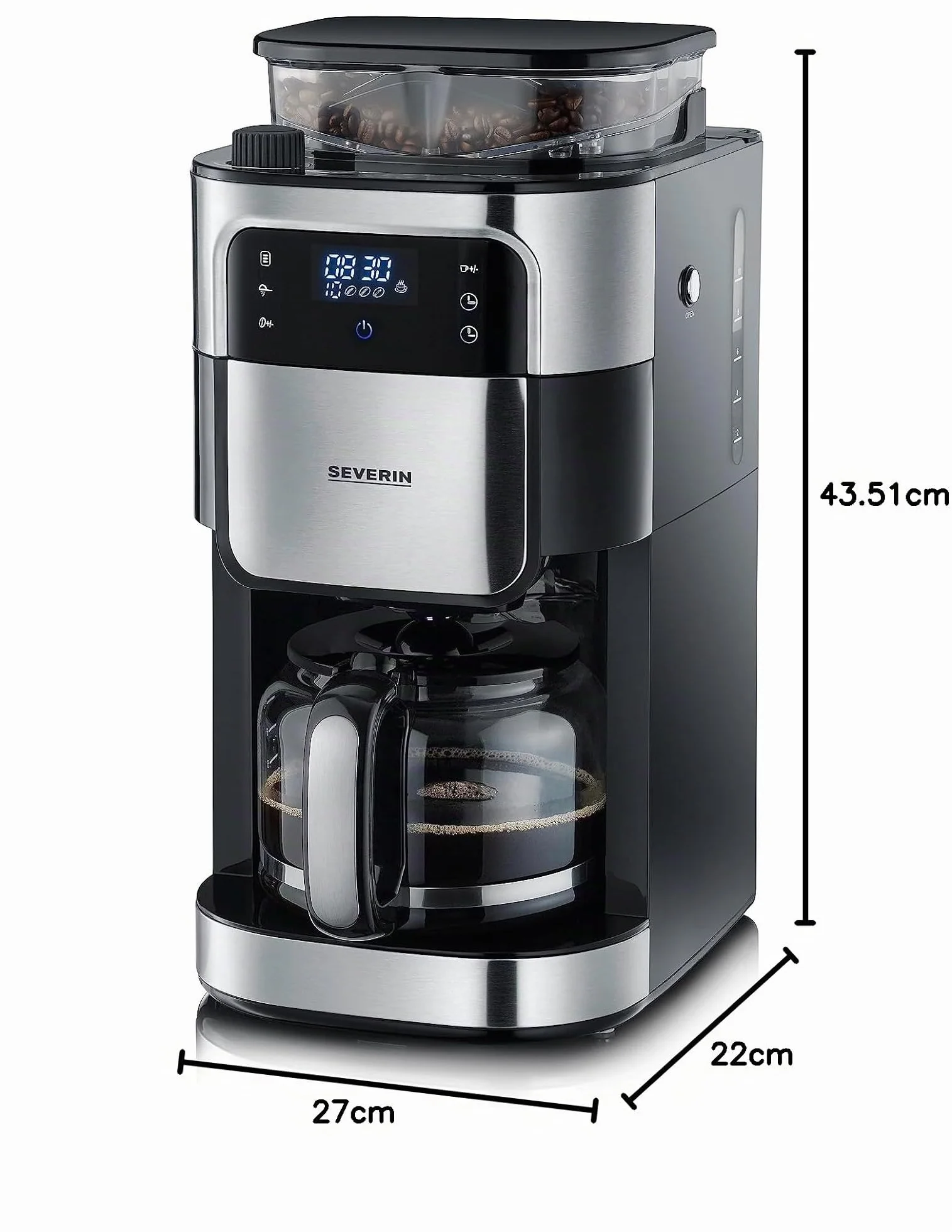 SEVERIN Cafetière Filtre Avec Broyeur, 1 000W, 1,4L, Jusqu'à 10 tasses, Sélecteur d'arôme, Ecran tactile, Inox Brossé/Noir,KA 4813, 43.50