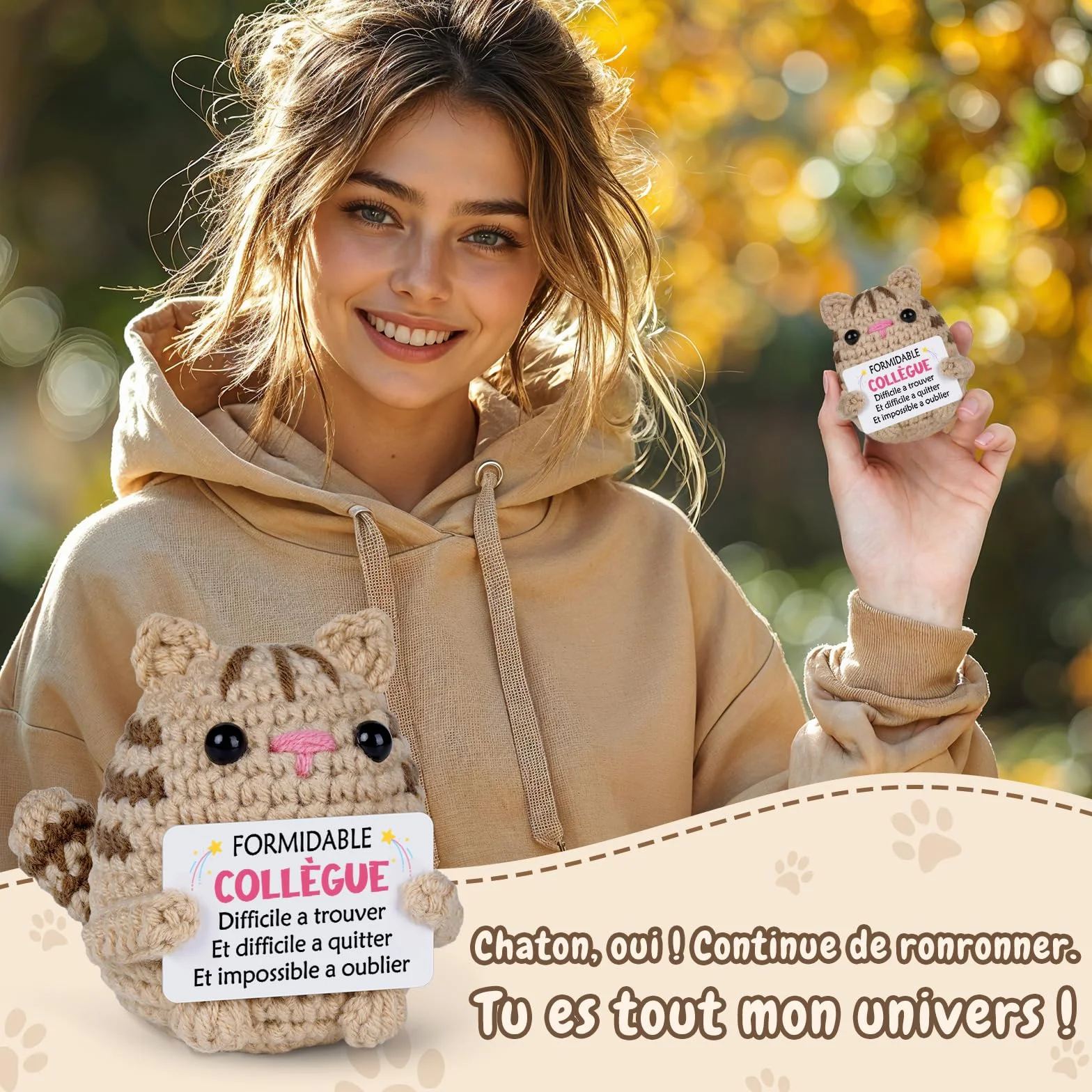 Peluche chat crochetée à la main avec carte de vœux, Cadeau Départ Collègue Femme, Décoration Bureau Maison