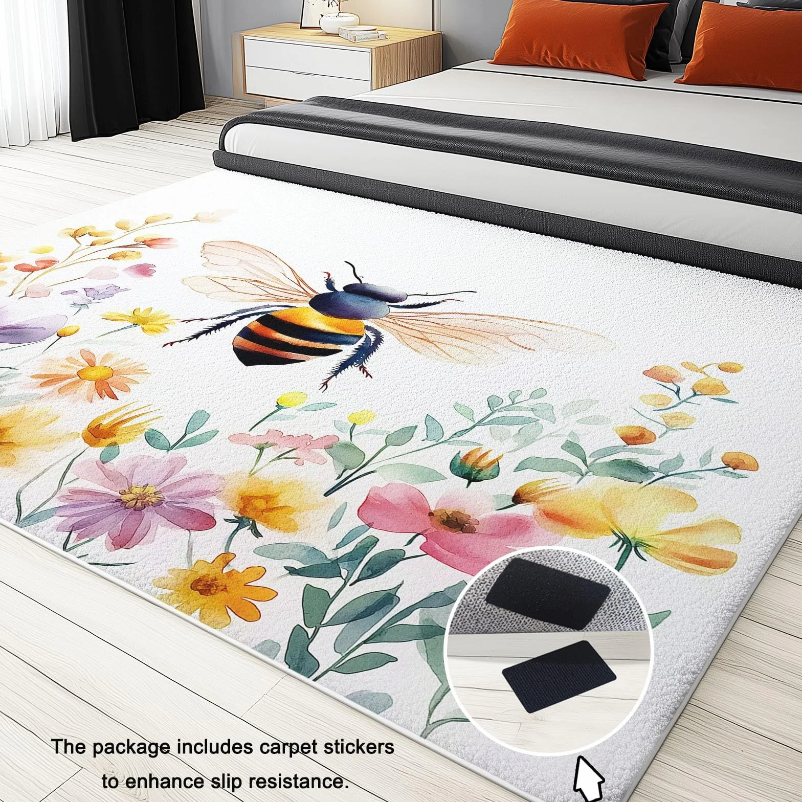 Tapis Salon Poil Court Fleurs À L'Aquarelle Abeille Motif Lavable en Machine Antidérapant 140 x 200 cm