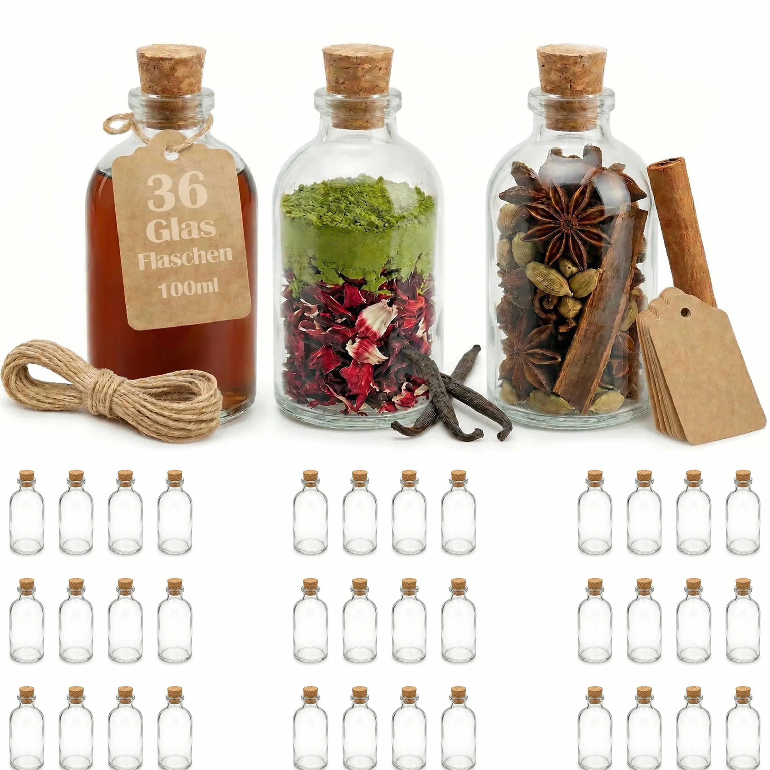 36 Fiole en Verre 100ml, Petite Bouteille en Verre 100 ml - Mini Bouteille Verre Flacon Mignonette Alcool Vide Bouchon Liège Mariage Étiquette