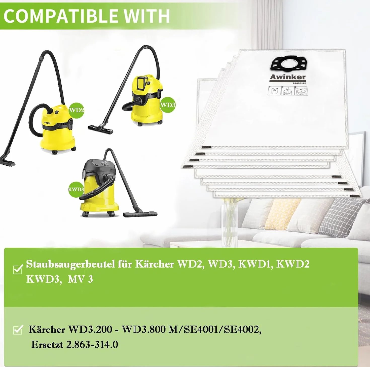Sacs pour Karcher WD2 Plus WD3S WD3S WD3V KFI357 KWD1-3 SE4001 SE4002 10 pièces