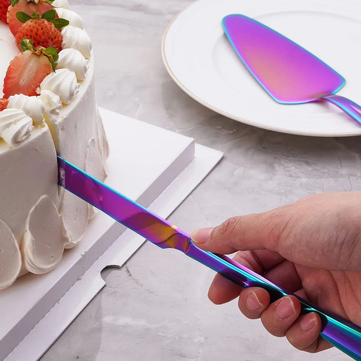 GoGeiLi Couteau et serveur à gâteau arc-en-ciel en acier inoxydable pour mariage