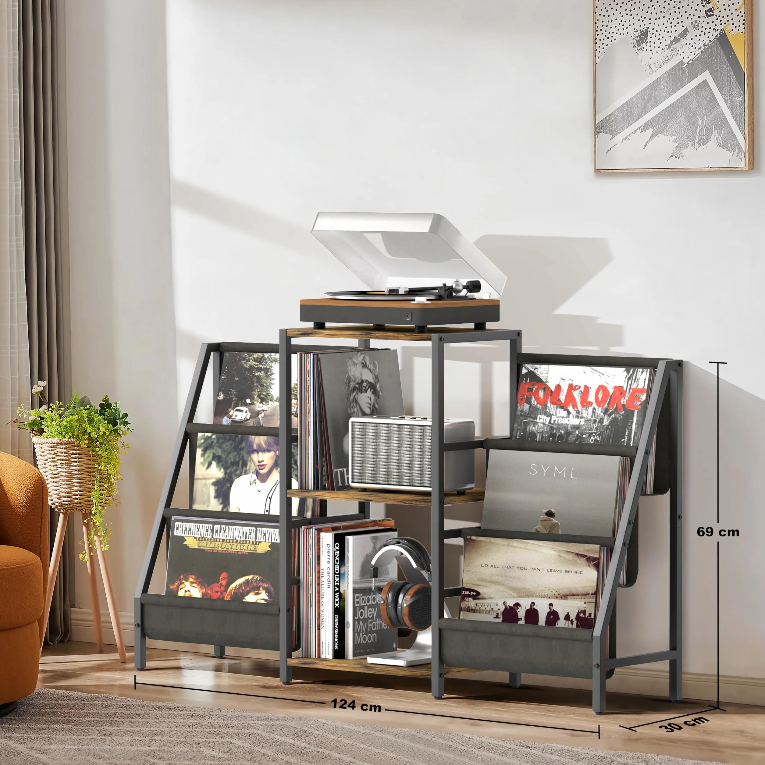 Bikoney Meuble Platine Vinyle avec Rangement pour 280 Albums, Support de Tourne-Disque avec Étagères de Stockage, Table pour Lecteur Vinyle et Système Stéréo, Style Rétro pour Salon