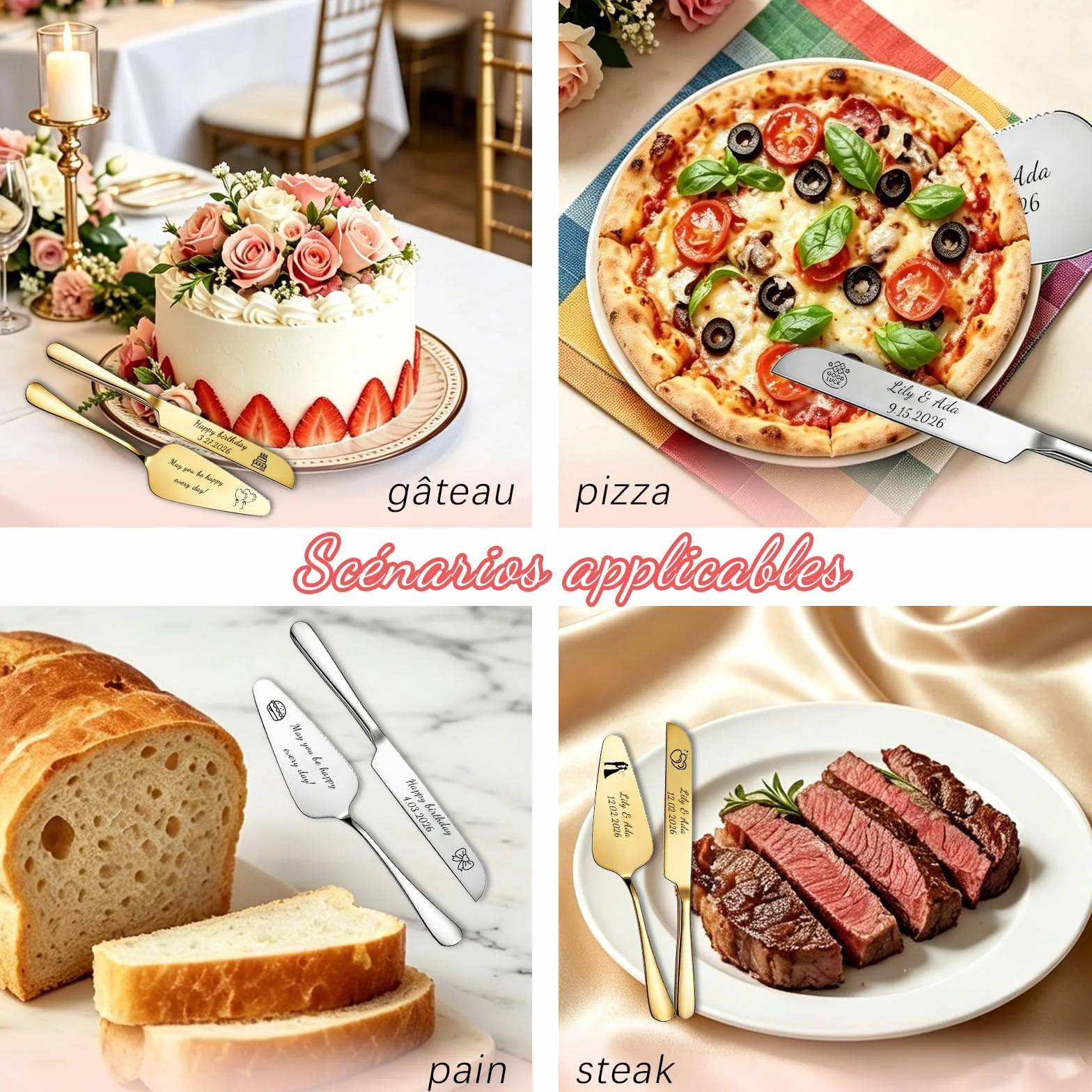 Service à Gâteau Mariage Pelle à Tarte Couteau Acier Inoxydable Argenté Cadeau Romantique