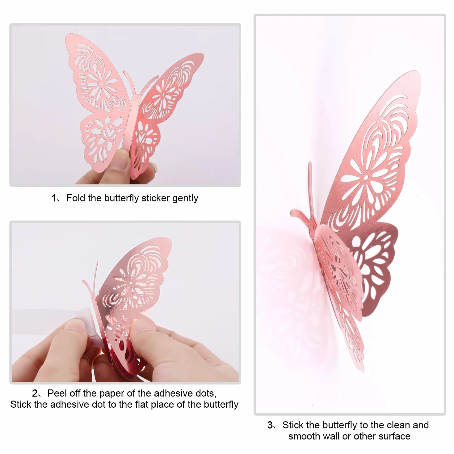 Papillon Stickers Muraux 3D 48 Pièces Décoration Rose Fête Anniversaire Mariage Maison