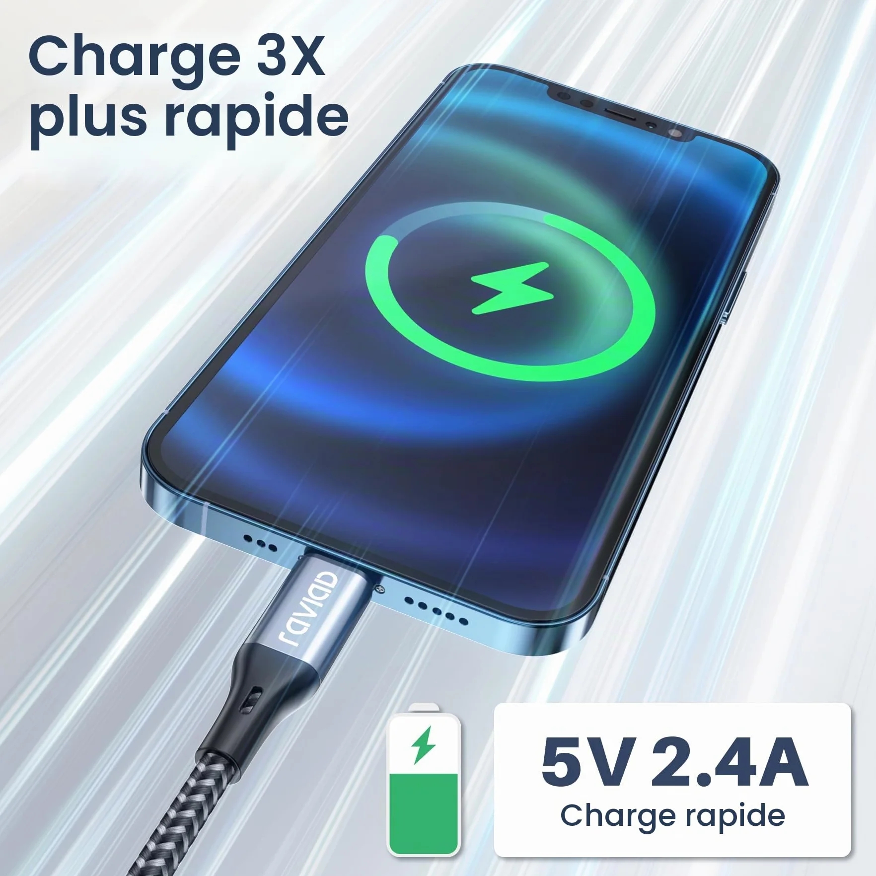 RAVIAD Câble iPhone Chargeur MFi Lightning Nylon Tressé 1.2m Gris