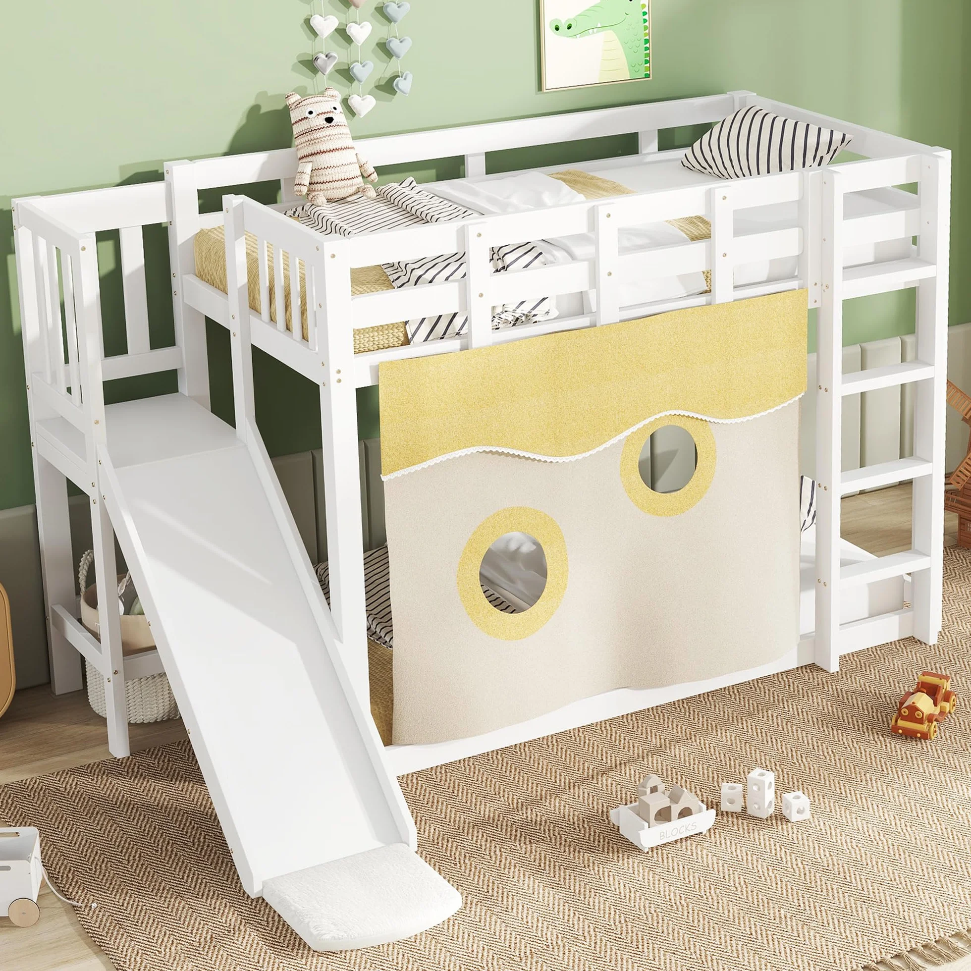 Lit superposé pour Enfants avec Toboggan, lit en Bois avec escalier et clôtures, lit pour Enfant avec Rideau de lit, Protection Anti-Chute, Bois Massif (sans Matelas) (Blanc-02W, 90x200cm)