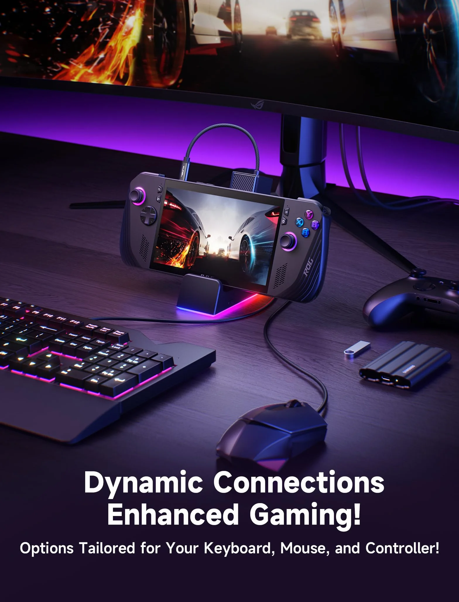 JSAUX Stacja dokująca do ROG Ally X/ROG Ally/Steam Deck/Legion Go, stacja dokująca 7 w 1 do ROG Ally X z wentylatorem chłodzącym RGB, HDMI 4K@120Hz, Gigabit Ethernet, Dual USB i USB C 3.0, ładowanie
