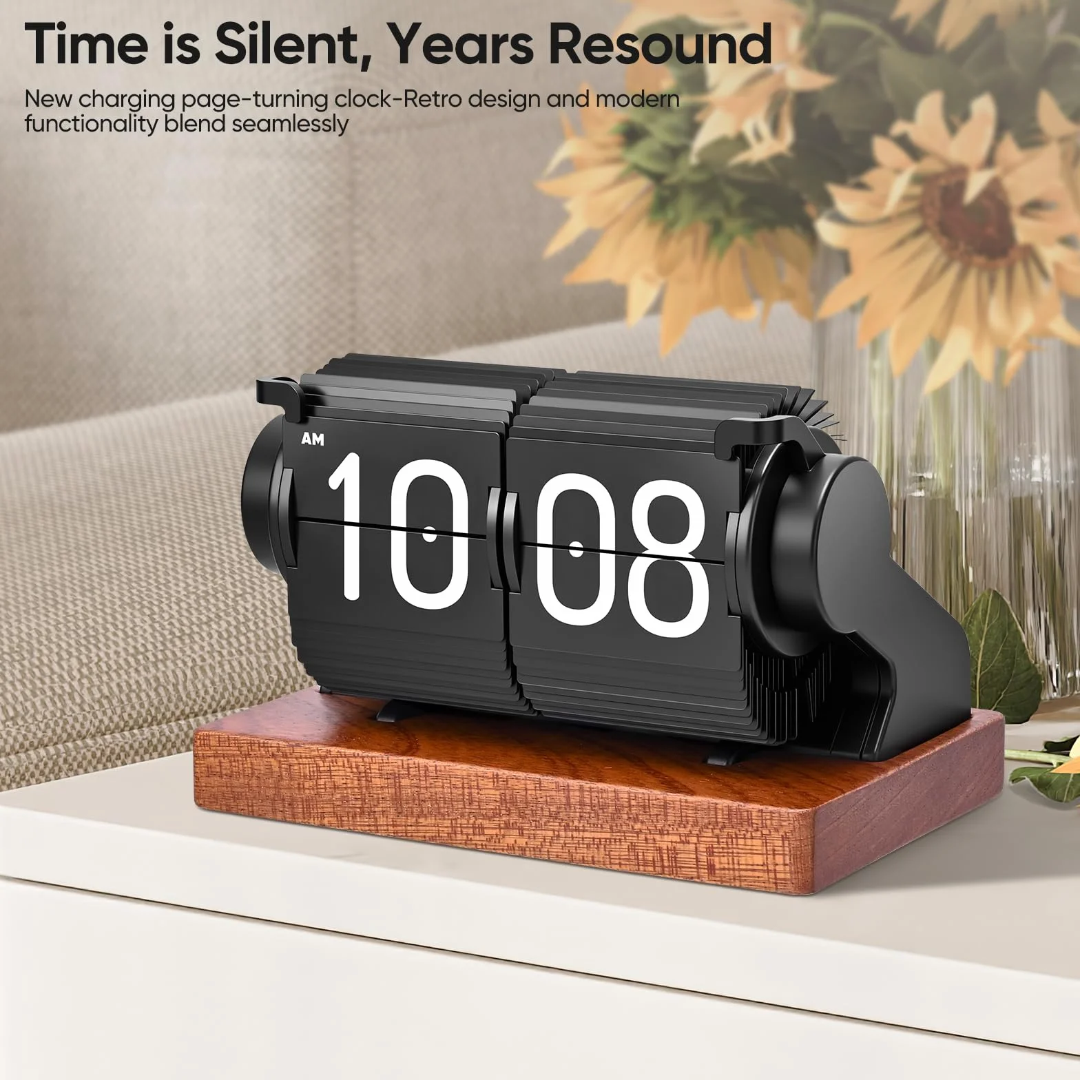 Horloge à rabat rétro - Réveil numérique USB C - Grand nombre - Horloge de bureau mécanique vintage - Rotation automatique - Réveil numérique radio-piloté