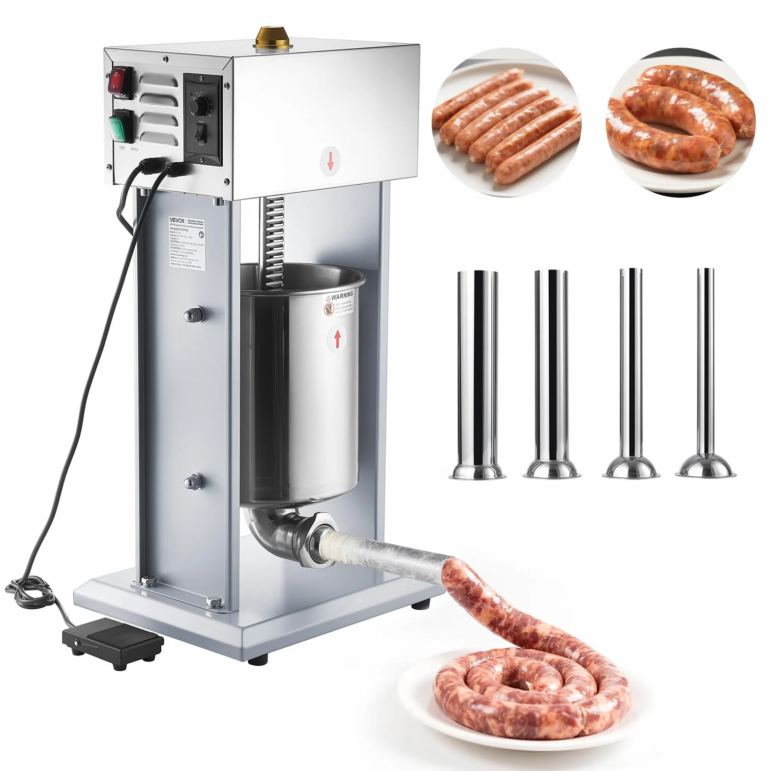 VEVOR Poussoir à Saucisses Électrique 10 L, Machine à Saucisses Verticale en Acier Inoxydable, pour Saucissons Restaurant Supermarché Boucherie, Réglage Continu de la Vitesse, 4 Tubes de Remplissage