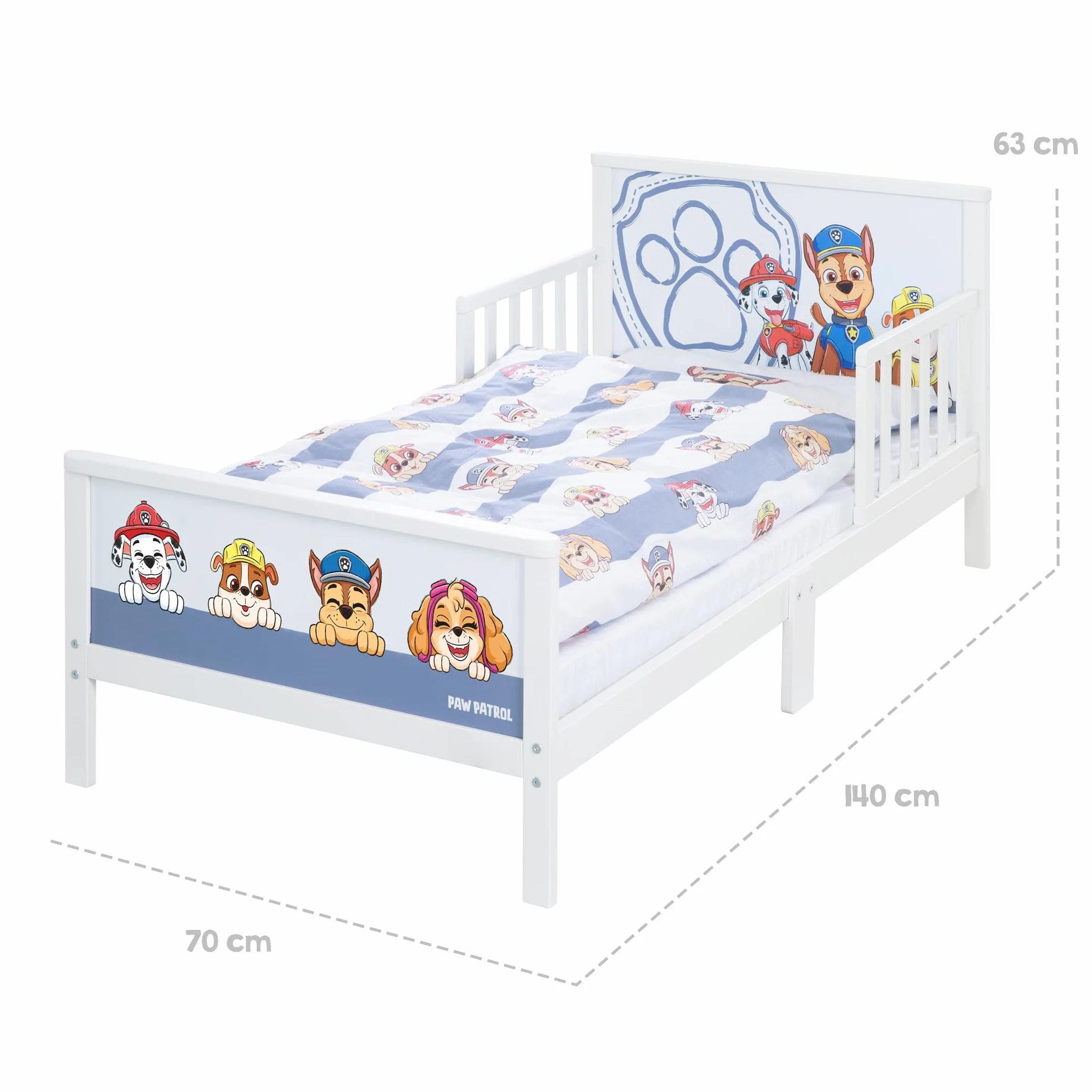 roba Paw Patrol Lit Montessori 70 x 140 cm avec Barrières de Sécurité pour Enfant Jusqu'à 7 Ans + Sommier et Linge de Lit - Blanc/Motif Chiens Chase Marcus Ruben Stella